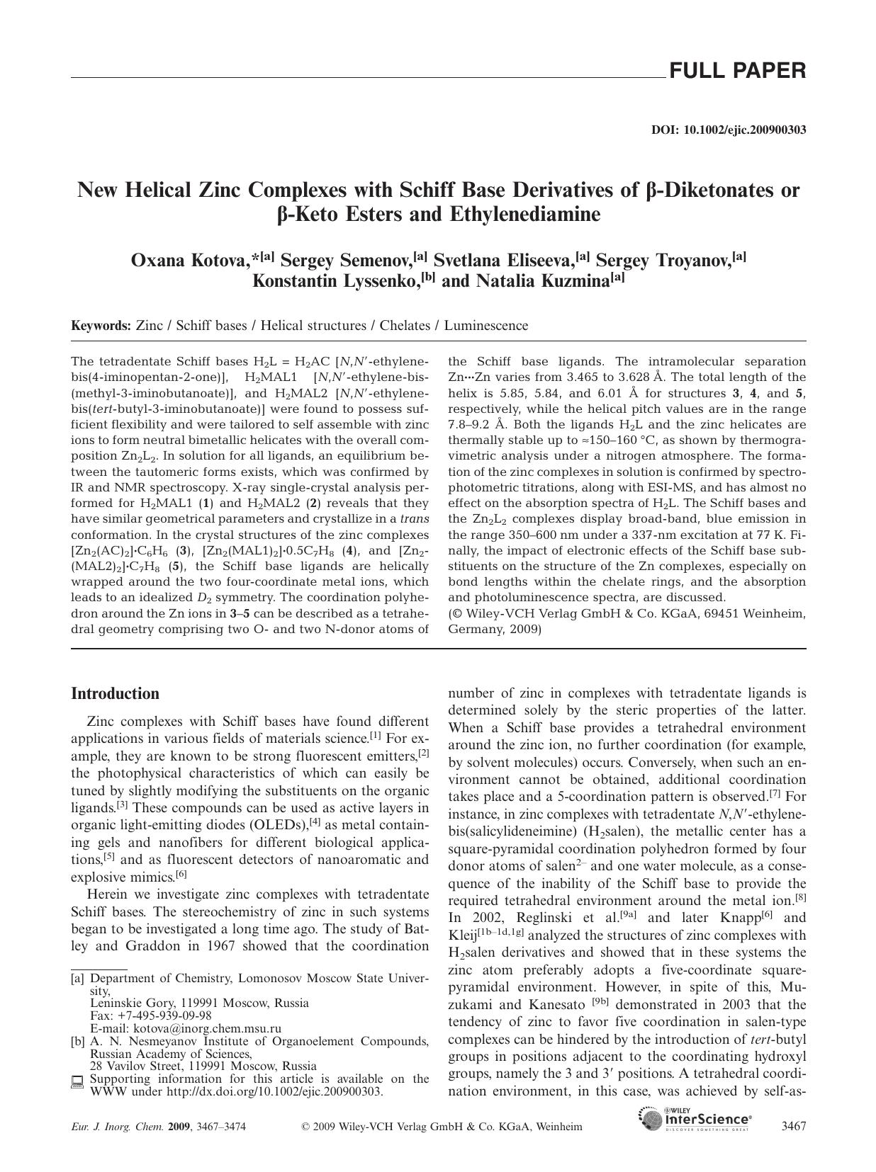 New Helical Zinc Complexes with Schiff Base Derivatives of [beta]-Diketonates or [beta]-Keto Esters and Ethylenediamine by Unknown