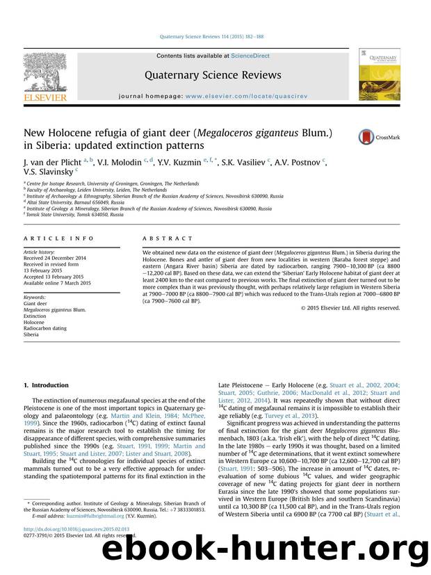 New Holocene refugia of giant deer (Megaloceros giganteus Blum.) in&nbsp;Siberia: updated extinction patterns by J. van der Plicht & V.I. Molodin & Y.V. Kuzmin & S.K. Vasiliev & A.V. Postnov & V.S. Slavinsky