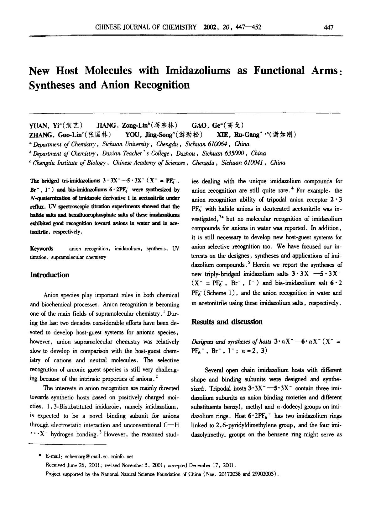New Host Molecules with Imidazoliums as Functional Arms: Syntheses and Anion Recognition by Unknown