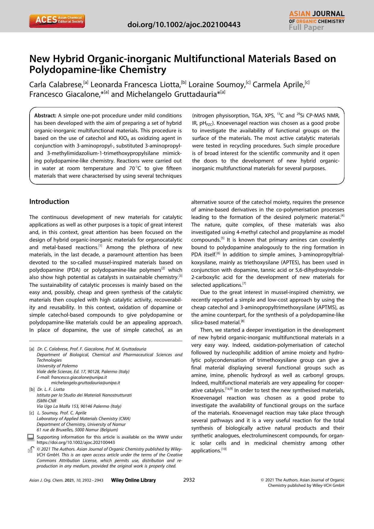 New Hybrid Organicâinorganic Multifunctional Materials Based on Polydopamineâlike Chemistry by Unknown
