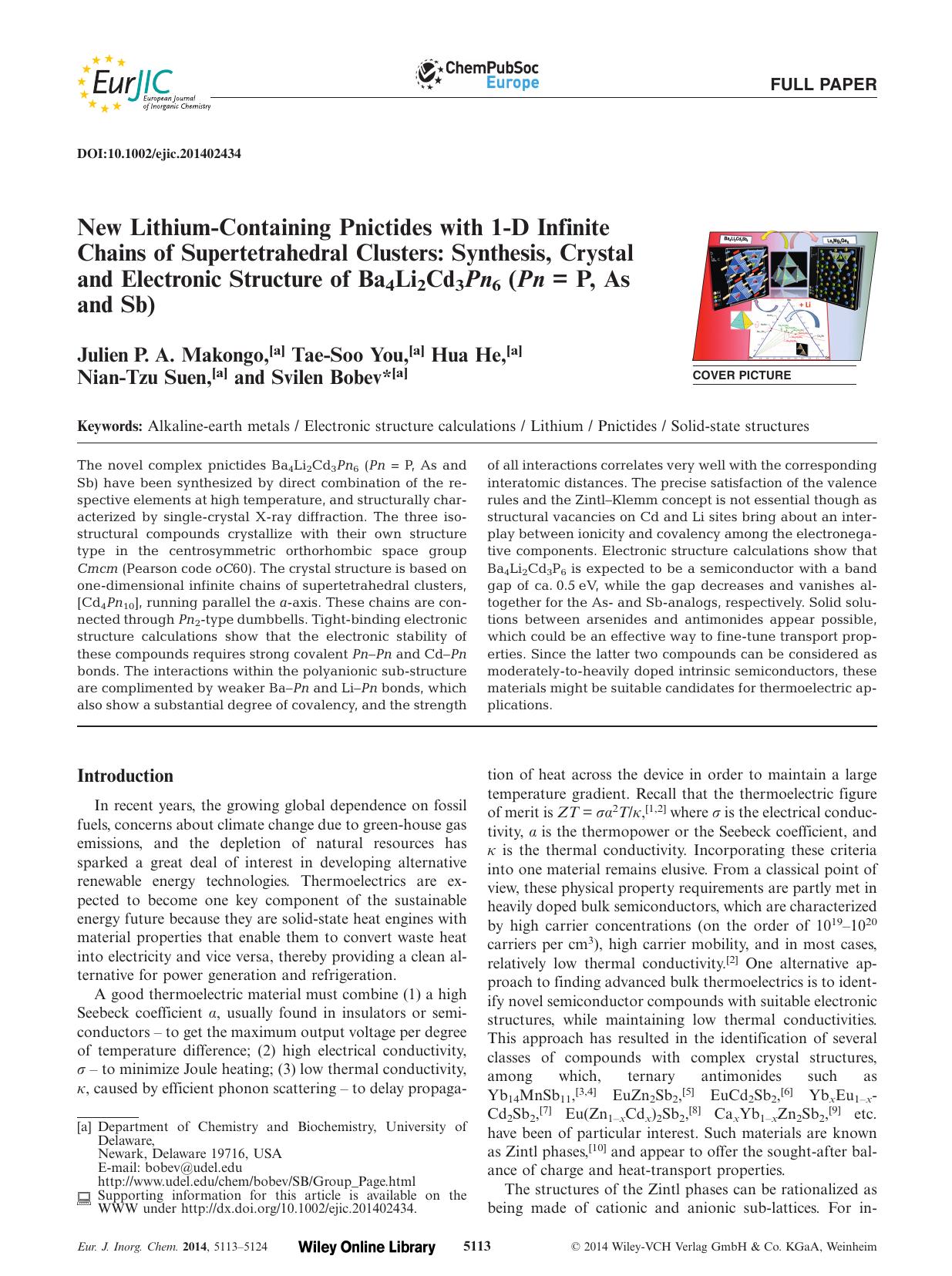 New LithiumContaining Pnictides with 1D Infinite Chains of Supertetrahedral Clusters: Synthesis, Crystal and Electronic Structure of Ba4Li2Cd3Pn6 (Pn = P, As and Sb) by Unknown