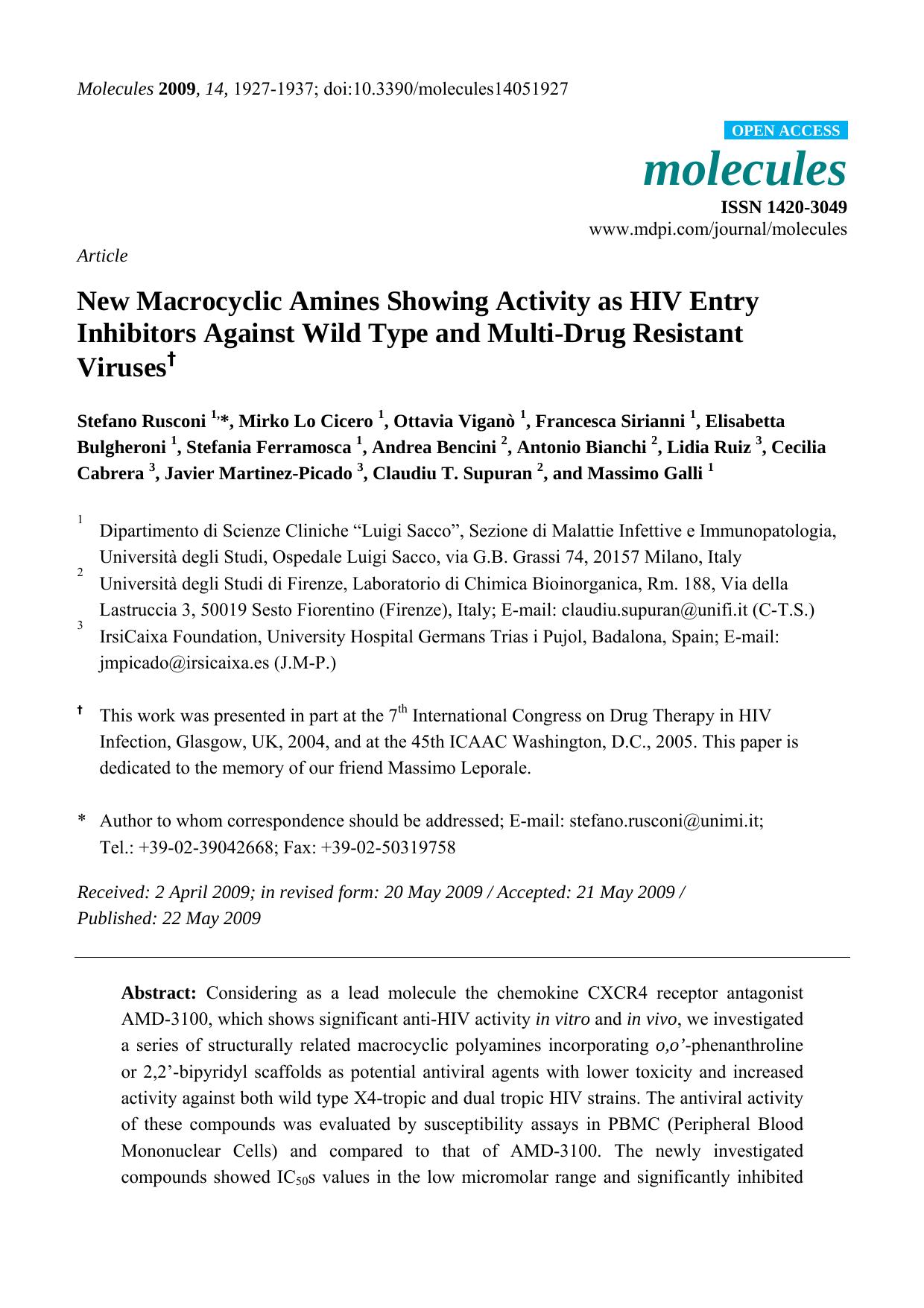 New Macrocyclic Amines Showing Activity as HIV Entry Inhibitors Against Wild Type and Multi-Drug Resistant Viruses by unknow