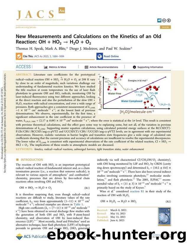 New Measurements and Calculations on the Kinetics of an Old Reaction: OH + HO2 â H2O + O2 by Thomas H. Speak Mark A. Blitz Diogo J. Medeiros & Paul W. Seakins
