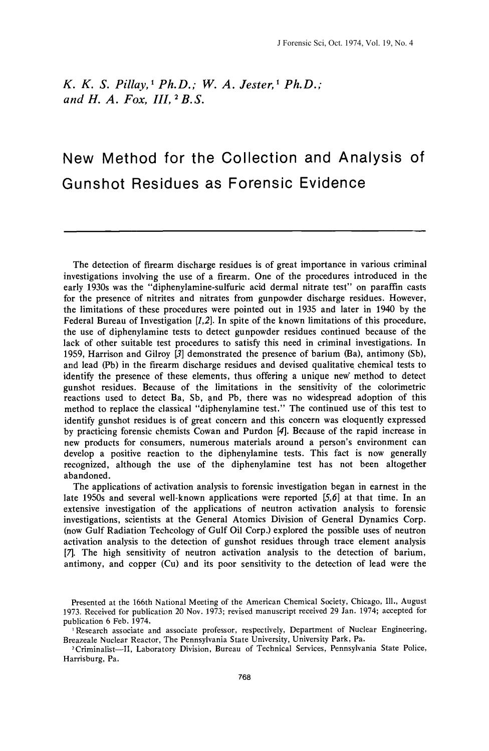 New Method for the Collection and Analysis of Gunshot Residues as Forensic Evidence by Pillay KKS Jester WA Fox HA III