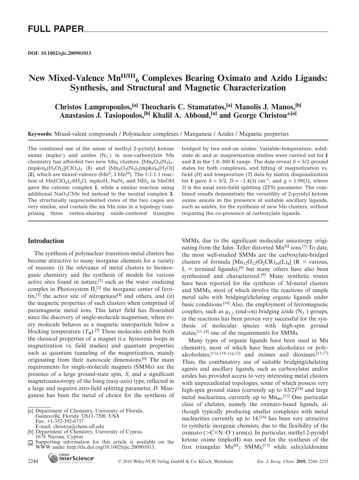 New MixedValence MnIIIII6 Complexes Bearing Oximato and Azido Ligands: Synthesis, and Structural and Magnetic Characterization by Unknown