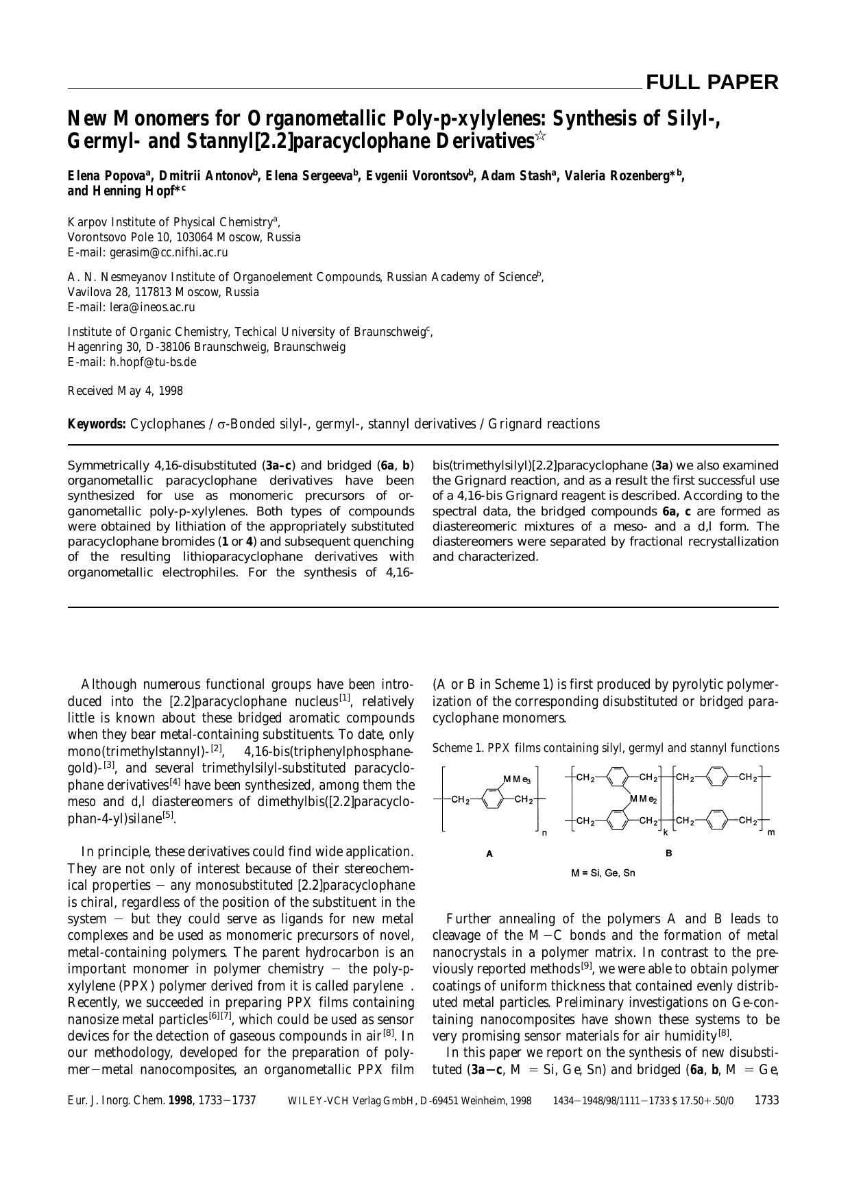 New Monomers for Organometallic Poly-p-xylylenes: Synthesis of Silyl-, Germyl- and Stannyl[2.2]paracyclophane Derivatives by Unknown