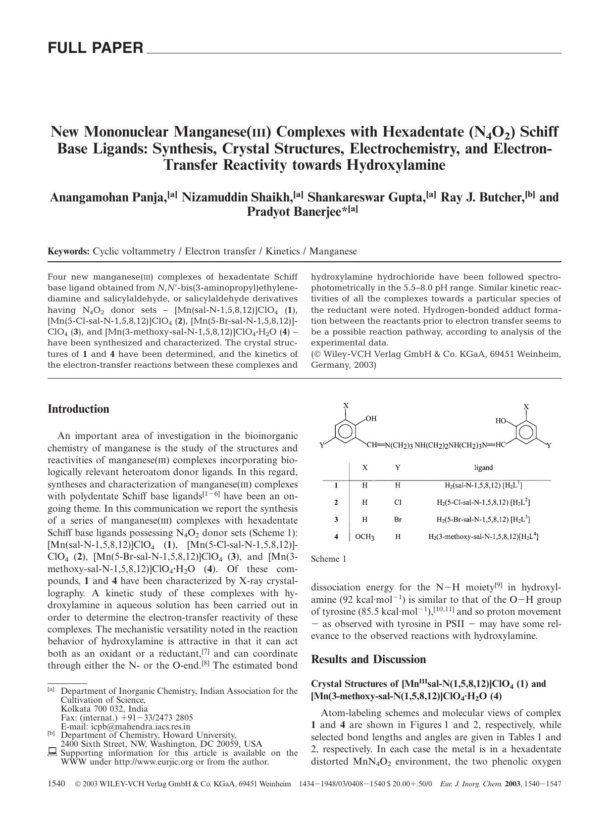 New Mononuclear Manganese(III) Complexes with Hexadentate (N4O2) Schiff Base Ligands: Synthesis, Crystal Structures, Electrochemistry, and Electron-Transfer Reactivity towards Hydroxylamine by Unknown