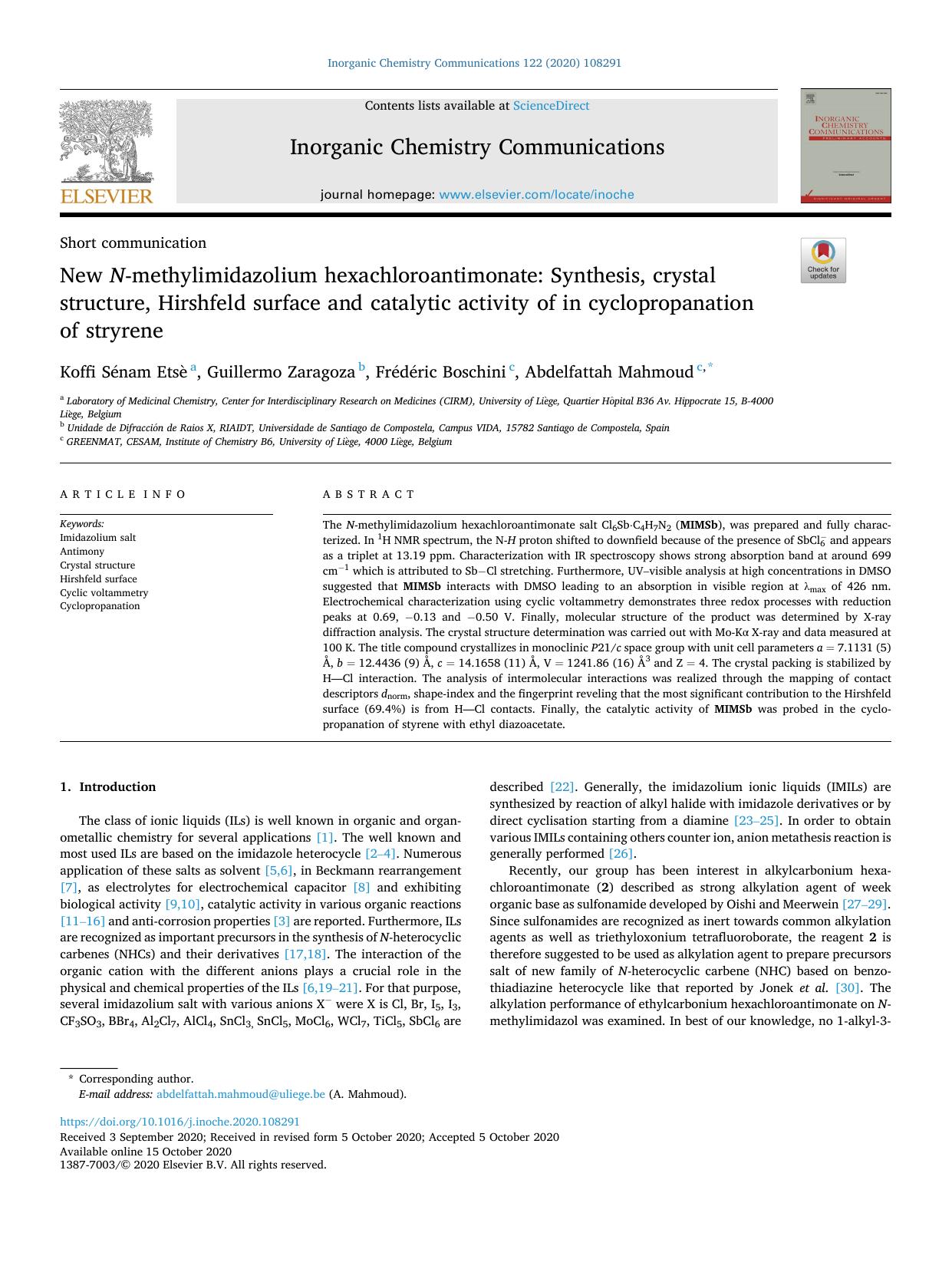 New N -methylimidazolium hexachloroantimonate: Synthesis, crystal structure, Hirshfeld surface and catalytic activity of in cyclopropanation of stryrene by Koffi Sénam Etsè