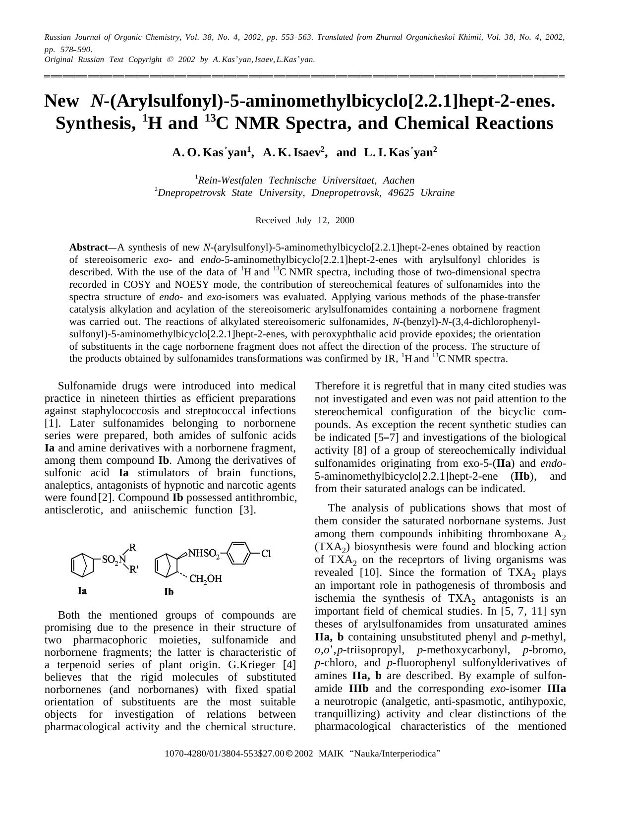 New N-(Arylsulfonyl)-5-aminomethylbicyclo[2.2.1]hept-2-enes. Synthesis, 1H and 13C NMR Spectra, and Chemical Reactions by Unknown