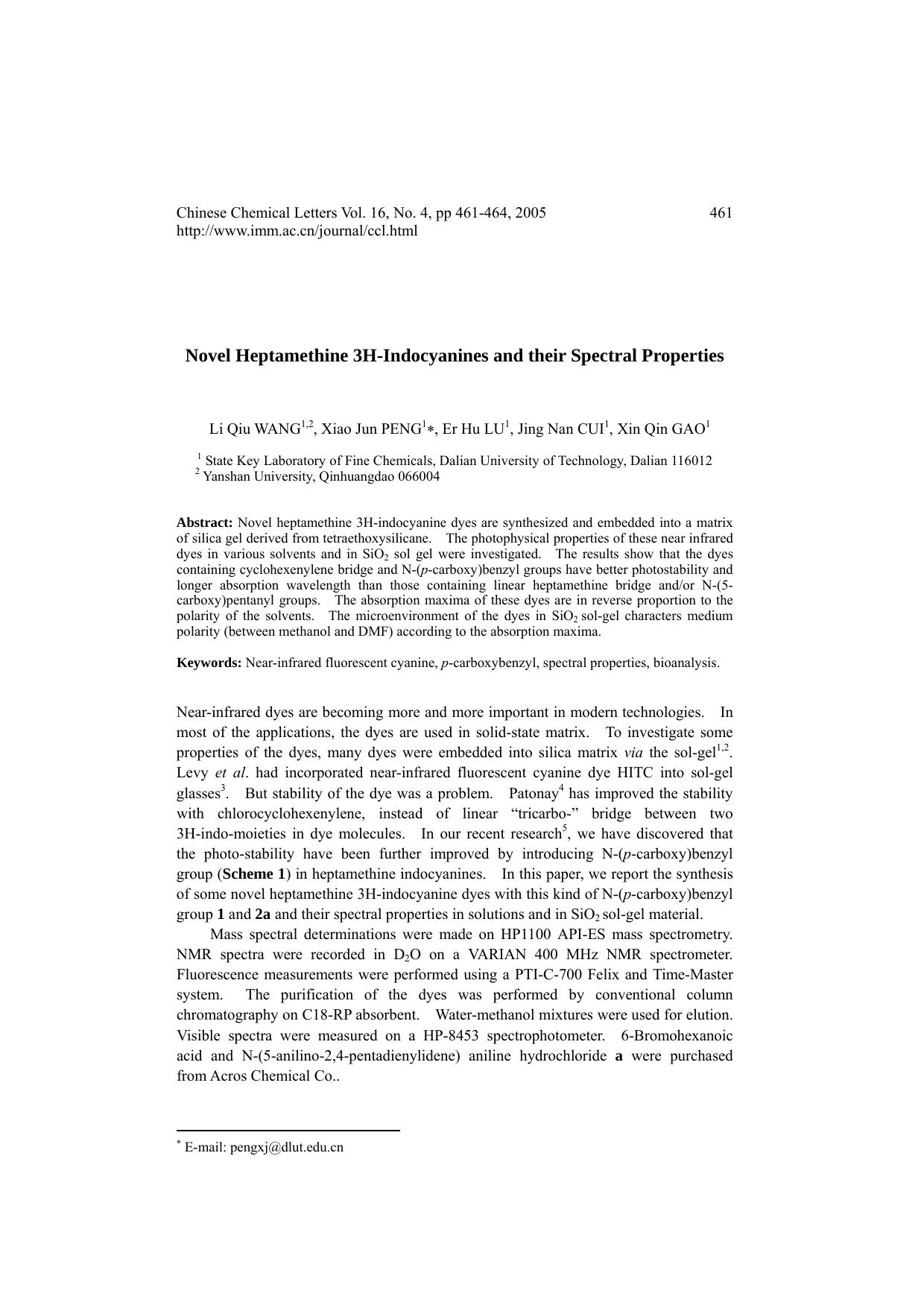 New Near-infrared Indocyanine Dyes and Their Spectral Properties in SiO2 Sol-Gel Glasses by hg