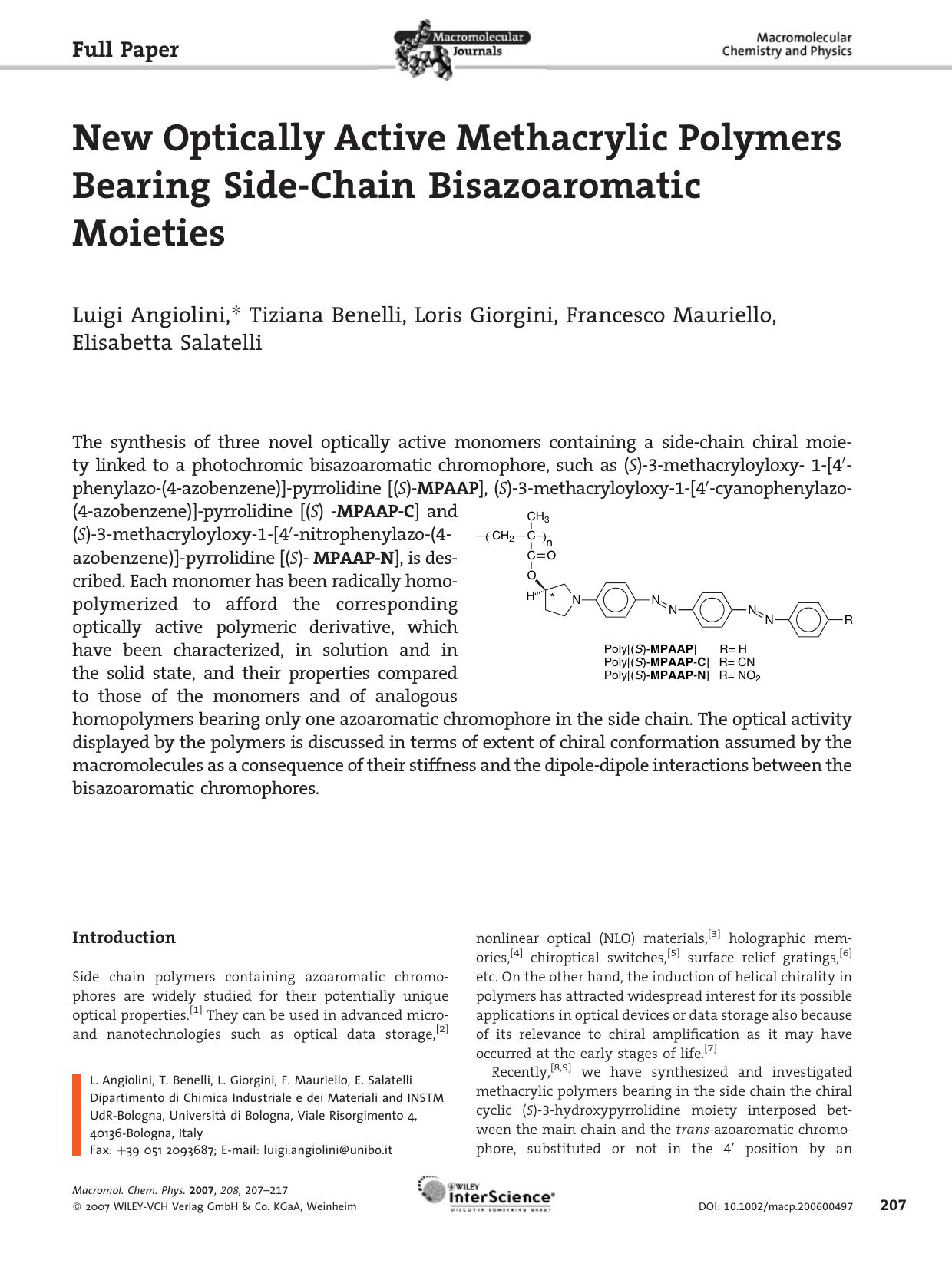 New Optically Active Methacrylic Polymers Bearing Side-Chain Bisazoaromatic Moieties by unknow