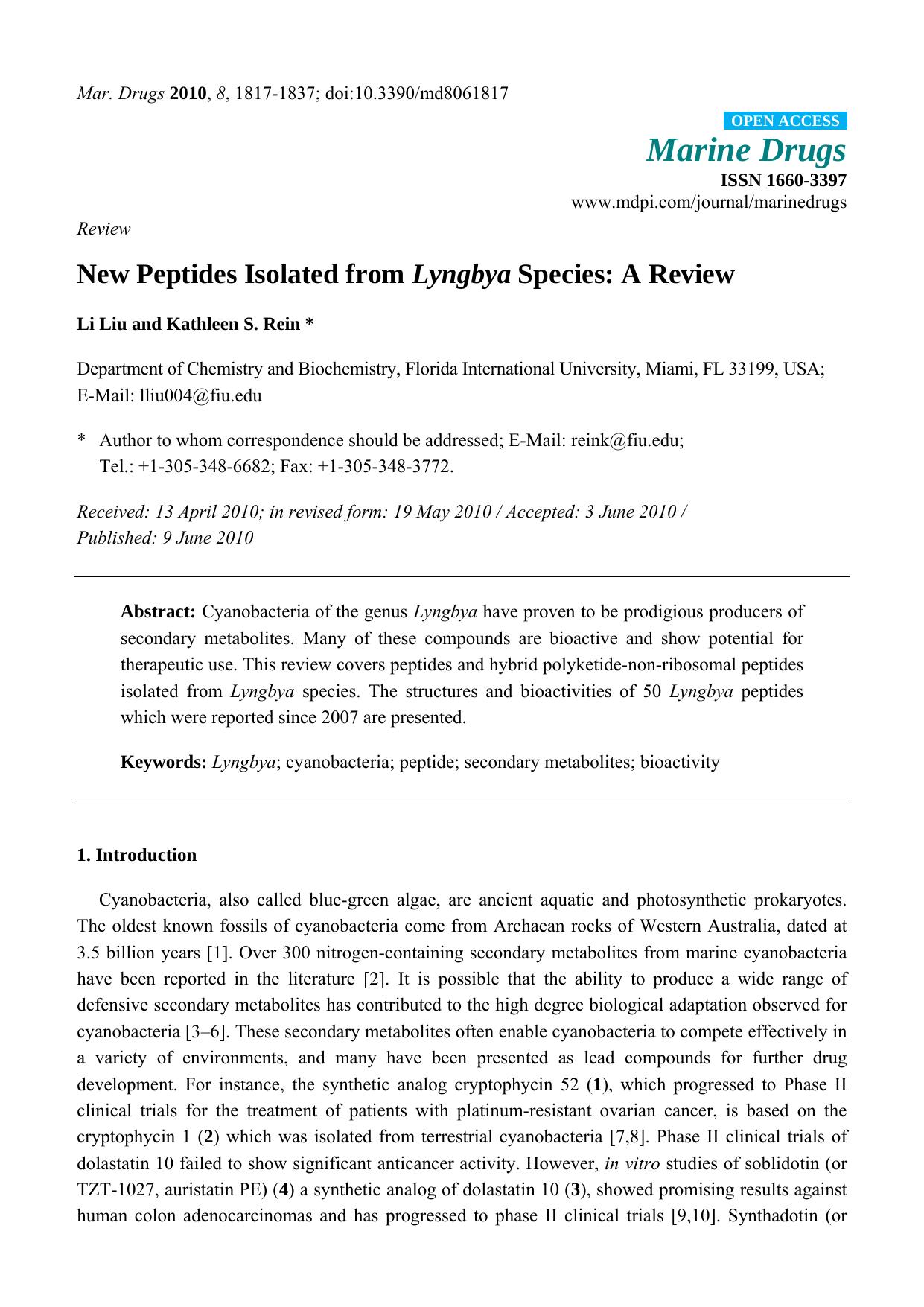 New Peptides Isolated from Lyngbya Species: A Review by Li Liu & Kathleen S. Rein