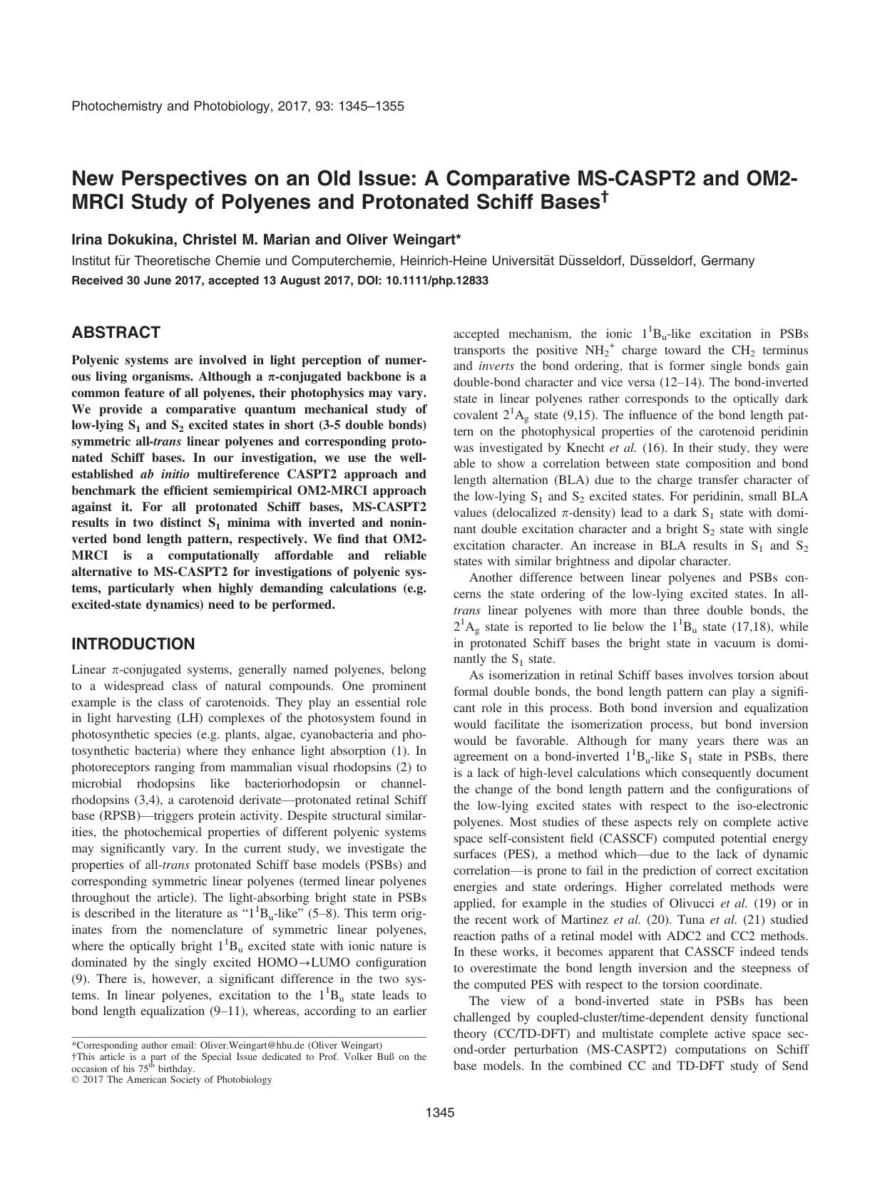 New Perspectives on an Old Issue: A Comparative MSâCASPT2 and OM2âMRCI Study of Polyenes and Protonated Schiff Bases by Unknown
