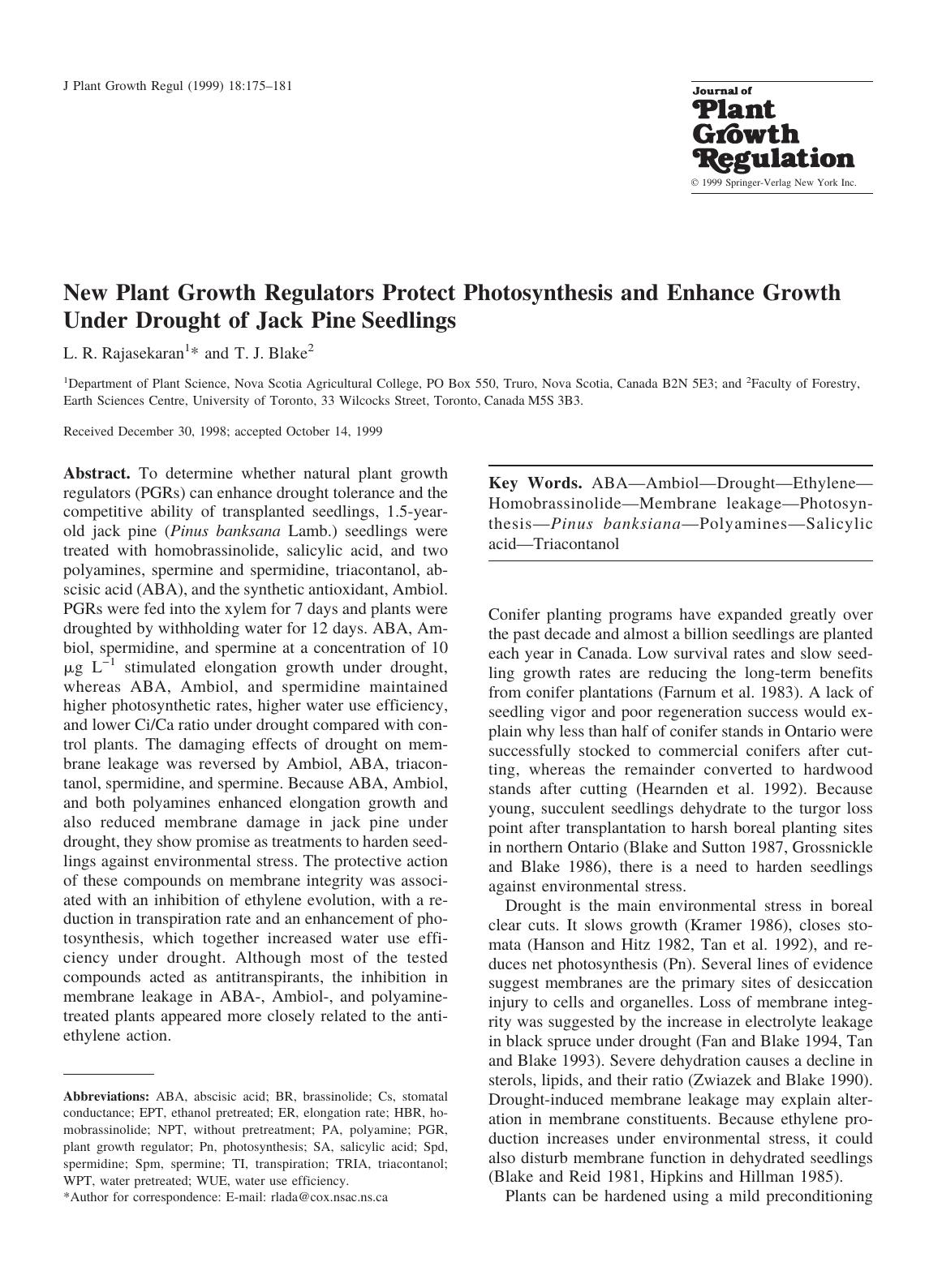 New Plant Growth Regulators Protect Photosynthesis and Enhance Growth Under Drought of Jack Pine Seedlings by Rajasekaran L. et al