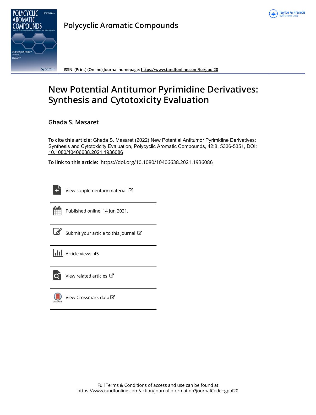 New Potential Antitumor Pyrimidine Derivatives: Synthesis and Cytotoxicity Evaluation by Masaret Ghada S