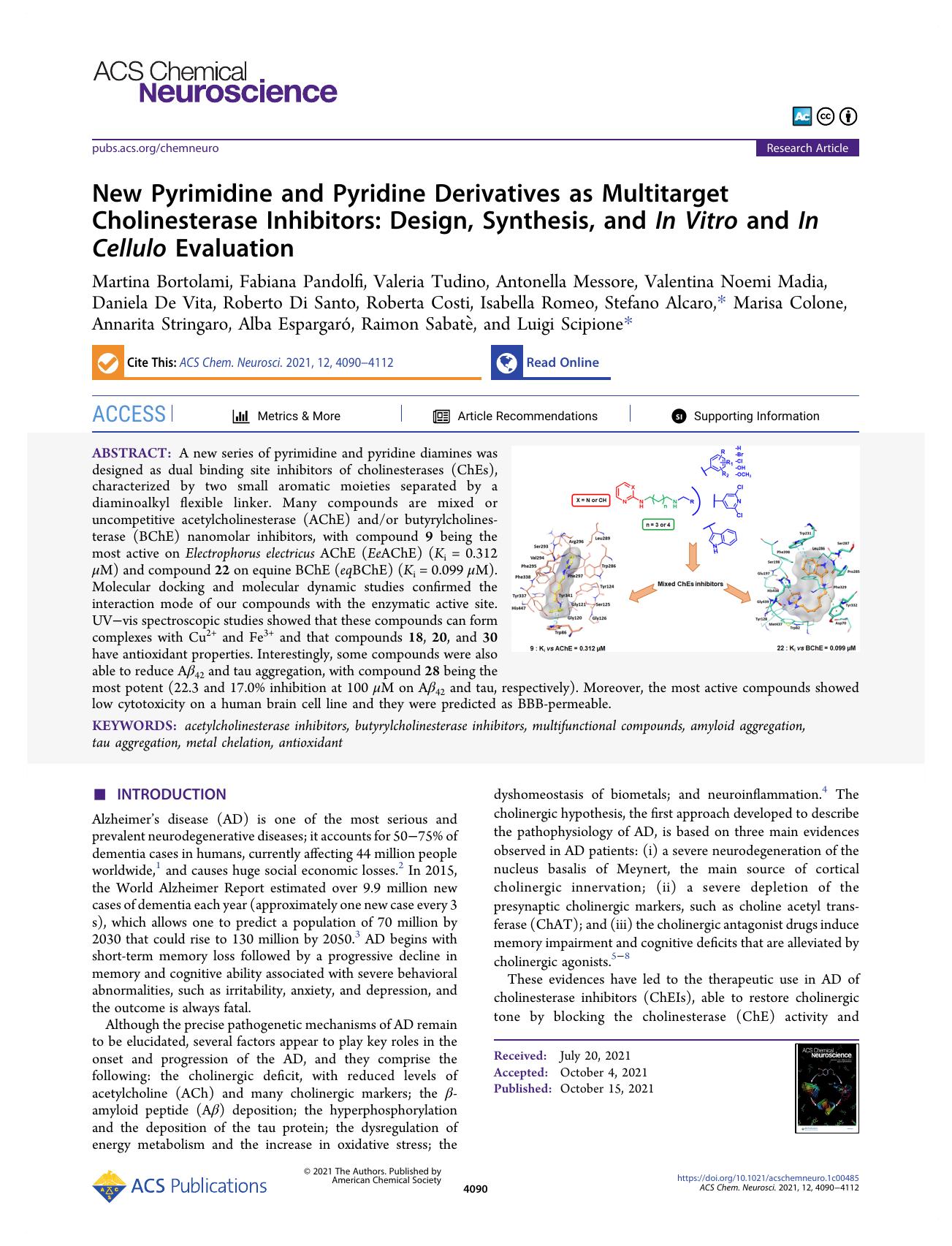 New Pyrimidine and Pyridine Derivatives as Multitarget Cholinesterase Inhibitors: Design, Synthesis, and In Vitro and In Cellulo Evaluation by unknow