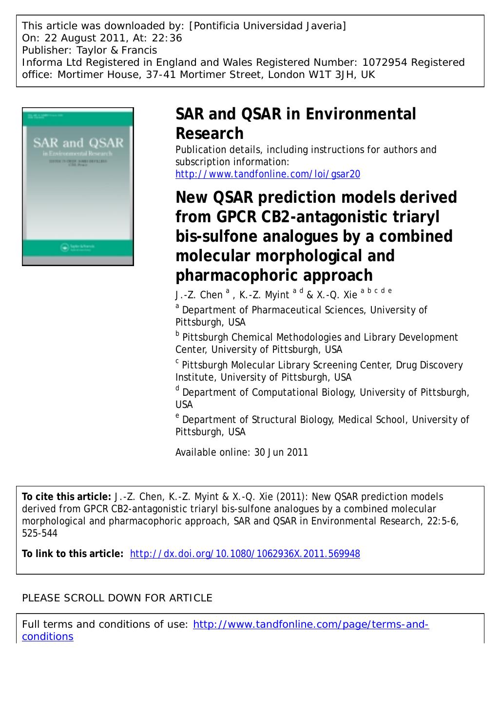 New QSAR prediction models derived from GPCR CB2-antagonistic triaryl bis-sulfone analogues by a combined molecular morphological and pharmacophoric approach by J.-Z. Chen a K.-Z. Myint a d & X.-Q. Xie a b c d e * xix15@pitt.edu