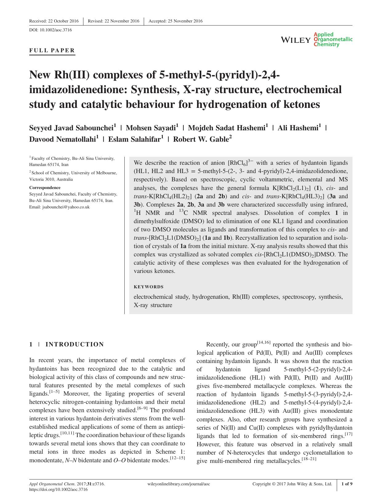 New Rh(III) complexes of 5-methyl-5-(pyridyl)-2,4-imidazolidenedione: Synthesis, X-ray structure, electrochemical study and catalytic behaviour for hydrogenation of ketones by unknow
