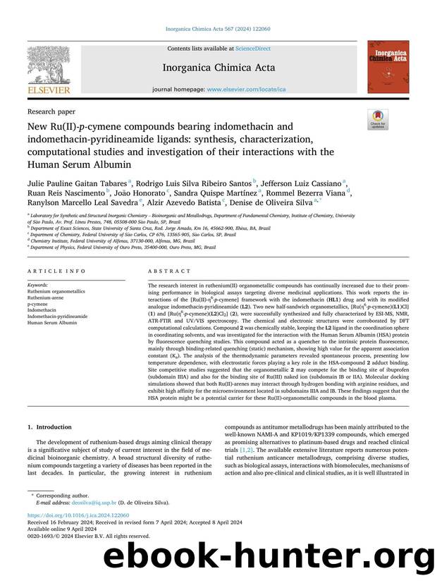 New Ru(II)- p -cymene compounds bearing indomethacin and indomethacin-pyridineamide ligands: synthesis, characterization, computational studies and investigation of their interacti by Julie Pauline Gaitan Tabares