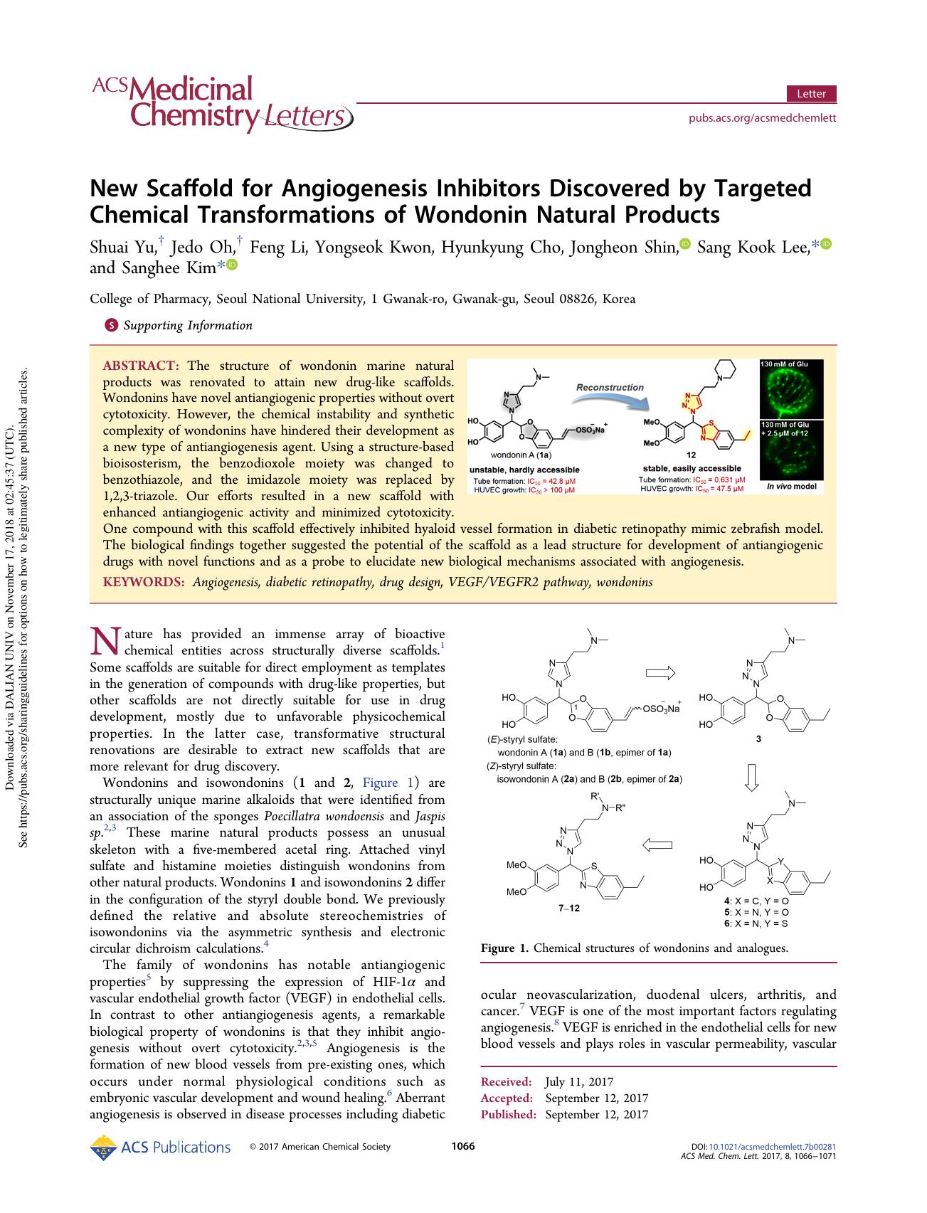 New Scaffold for Angiogenesis Inhibitors Discovered by Targeted Chemical Transformations of Wondonin Natural Products by Shuai Yu Jedo Oh Feng Li Yongseok Kwon Hyunkyung Cho Jongheon Shin Sang Kook Lee & Sanghee Kim