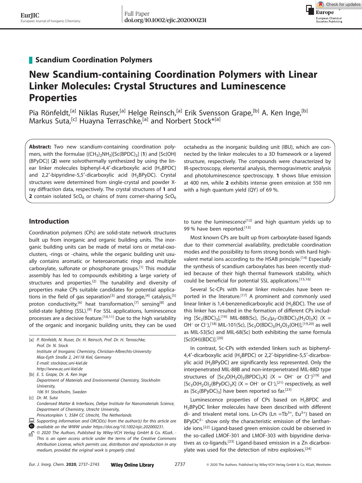 New Scandiumâcontaining Coordination Polymers with Linear Linker Molecules: Crystal Structures and Luminescence Properties by Unknown