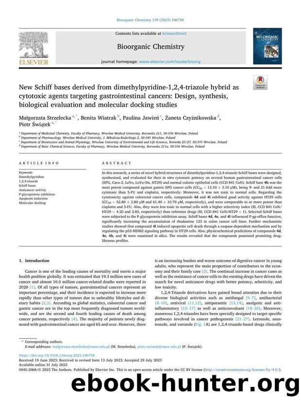 New Schiff bases derived from dimethylpyridine-1,2,4-triazole hybrid as cytotoxic agents targeting gastrointestinal cancers: Design, synthesis, biological evaluation and molecular docking studies by Małgorzata Strzelecka & Benita Wiatrak & Paulina Jawień & Żaneta Czyżnikowska & Piotr Świątek