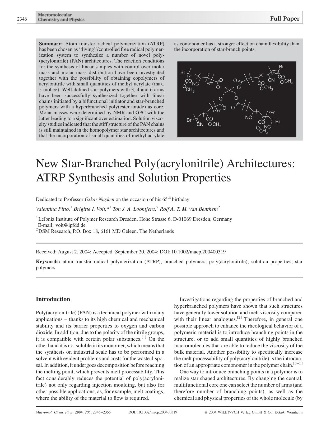 New Star-Branched Poly(acrylonitrile) Architectures: ATRP Synthesis and Solution Properties by unknow