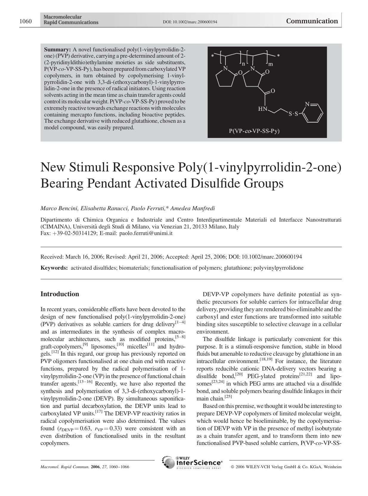 New Stimuli Responsive Poly(1-vinylpyrrolidin-2-one) Bearing Pendant Activated Disulfide Groups by Unknown