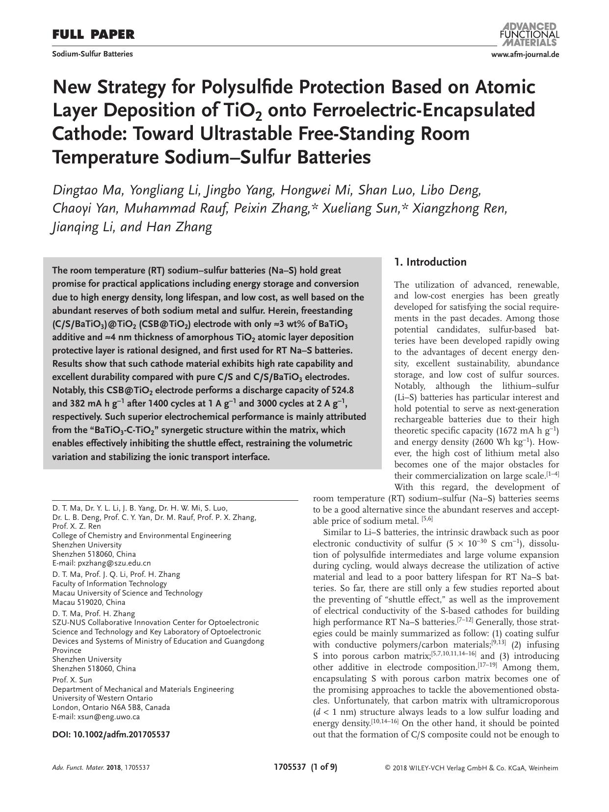 New Strategy for Polysulfide Protection Based on Atomic Layer Deposition of TiO2 onto Ferroelectric&#x02010;Encapsulated Cathode: Toward Ultrastable Free&#x02010;Standing Room Temp by Unknown