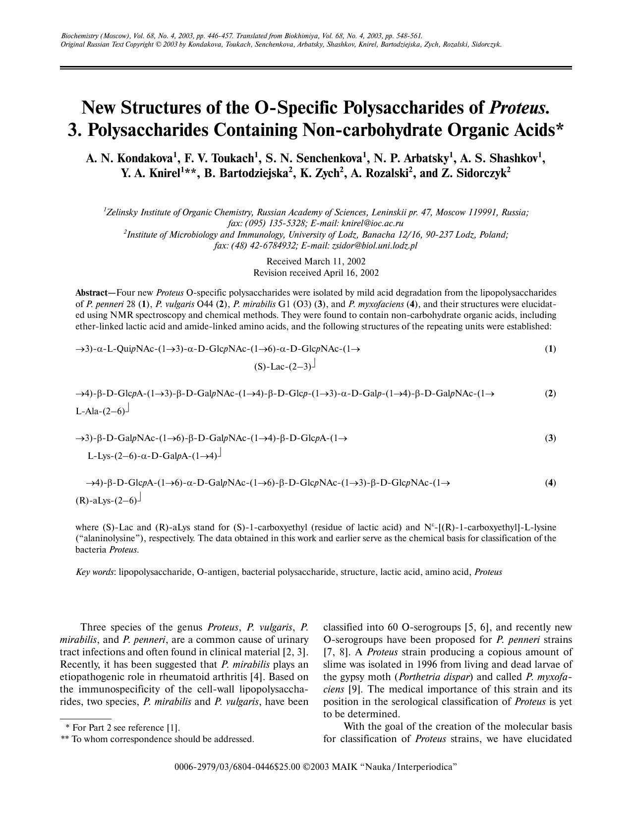 New Structures of the O-Specific Polysaccharides of <Emphasis Type="Italic">Proteus<Emphasis>. 3. Polysaccharides Containing Non-carbohydrate Organic Acids by Unknown
