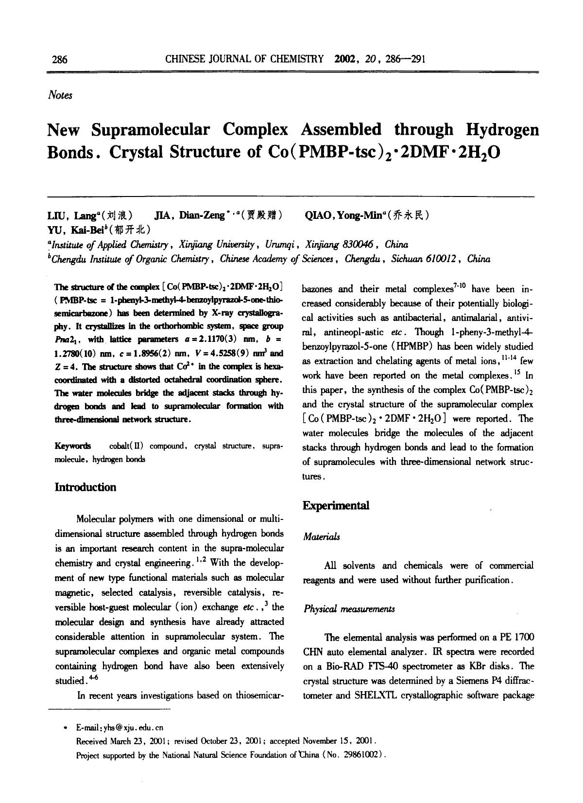 New Supramolecular Complex Assembled through Hydrogen Bonds. Crystal Structure of Co (PMBPtsc)2 2DMF 2H2O by Unknown