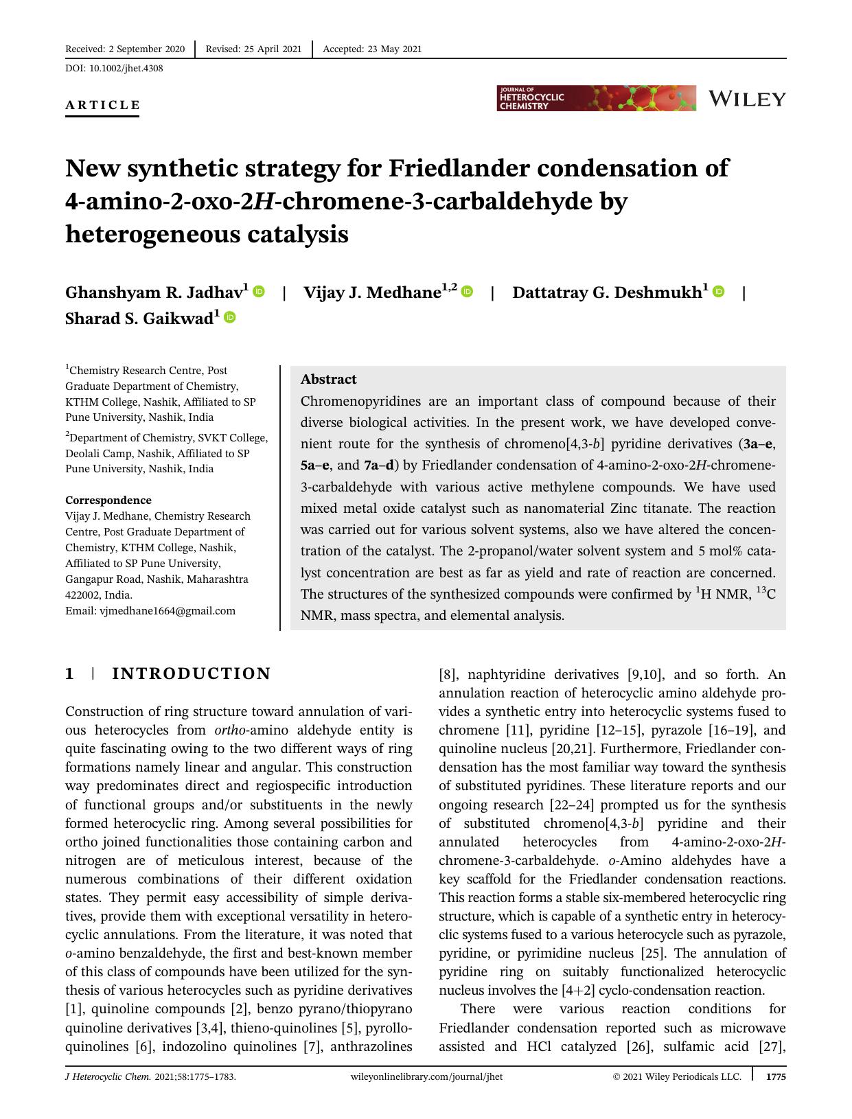 New Synthetic strategy for Friedlander condensation of 4-amino-2-oxo-2H-chromene-3-carbaldehyde by heterogeneous catalysis by Unknown