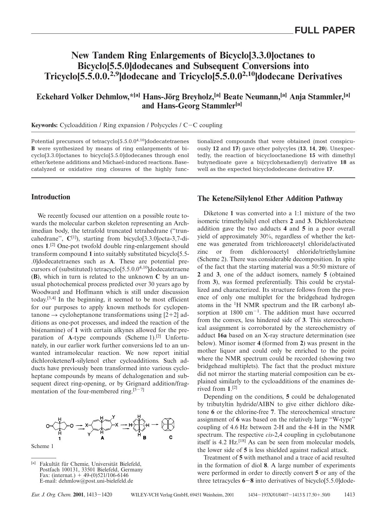 New Tandem Ring Enlargements of Bicyclo[3.3.0]octanes to Bicyclo[5.5.0]dodecanes and Subsequent Conversions into Tricyclo[5.5.0.0.2,9]dodecane and Tricyclo[5.5.0.02,10]dodecane Derivatives by Unknown