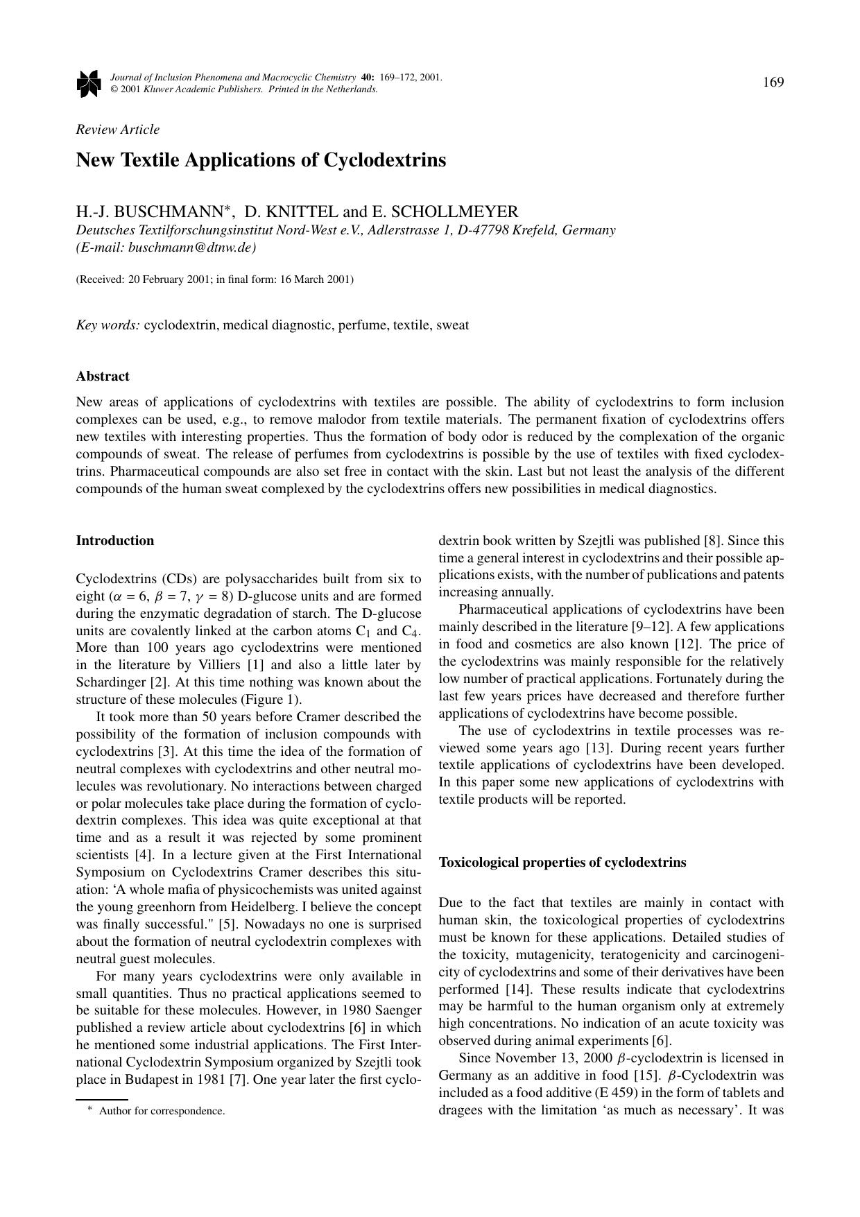 New Textile Applications of Cyclodextrins by Unknown