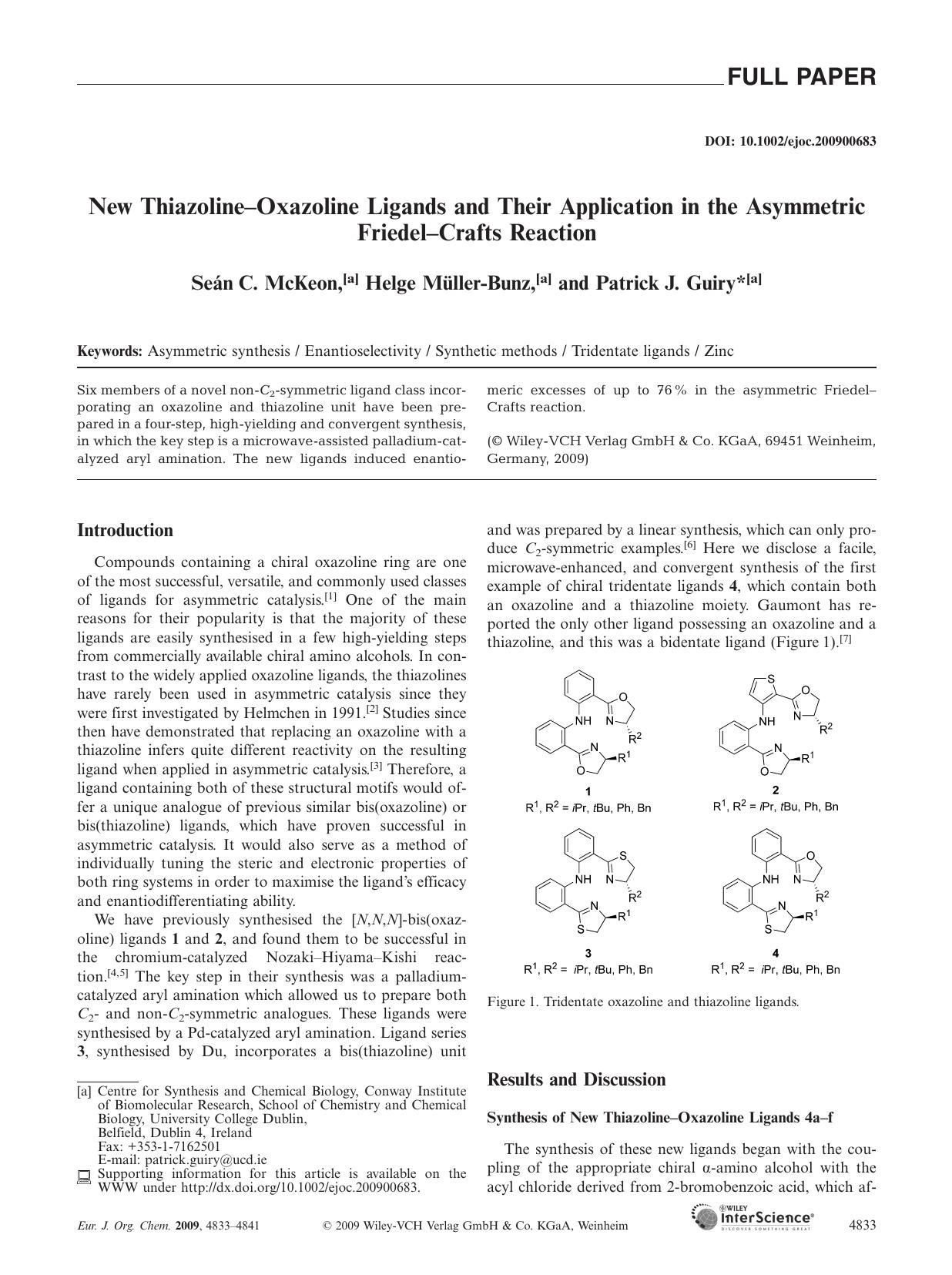 New Thiazoline-Oxazoline Ligands and Their Application in the Asymmetric Friedel-Crafts Reaction by Unknown
