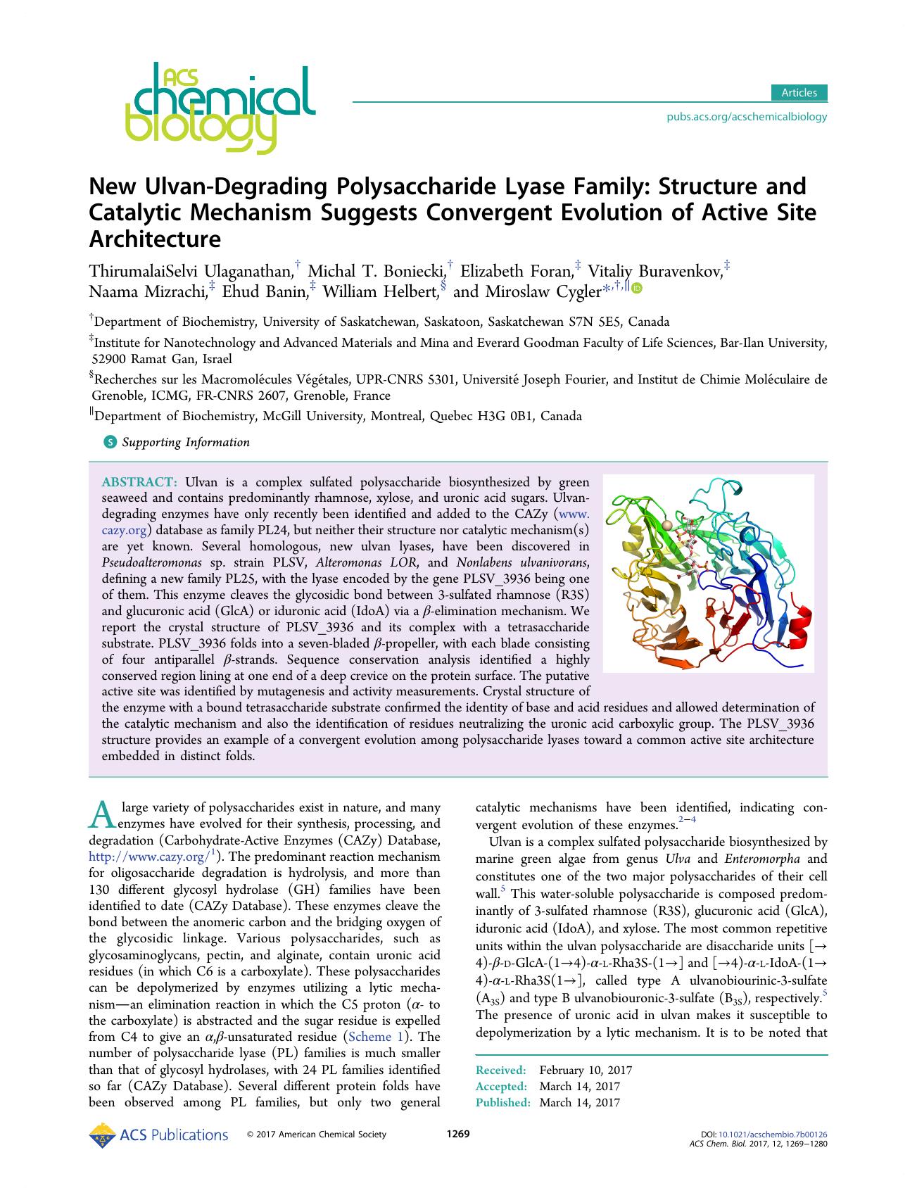 New Ulvan-Degrading Polysaccharide Lyase Family: Structure and Catalytic Mechanism Suggests Convergent Evolution of Active Site Architecture by unknow