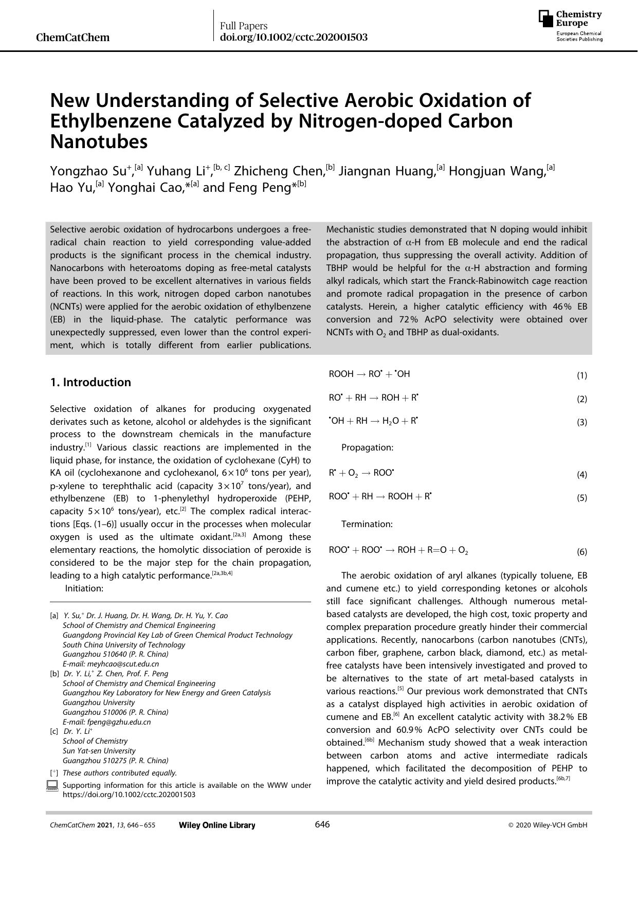 New Understanding of Selective Aerobic Oxidation of Ethylbenzene Catalyzed by Nitrogenâdoped Carbon Nanotubes by Unknown