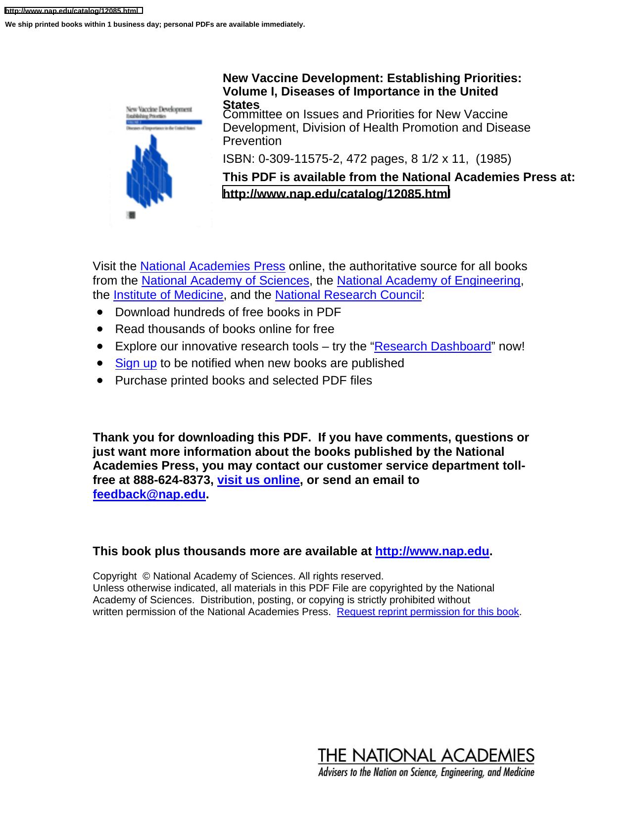 New Vaccine Development: Establishing Priorities: Diseases of Importance in the United States by Committee on Issues and Priorities for New Vaccine Deve
