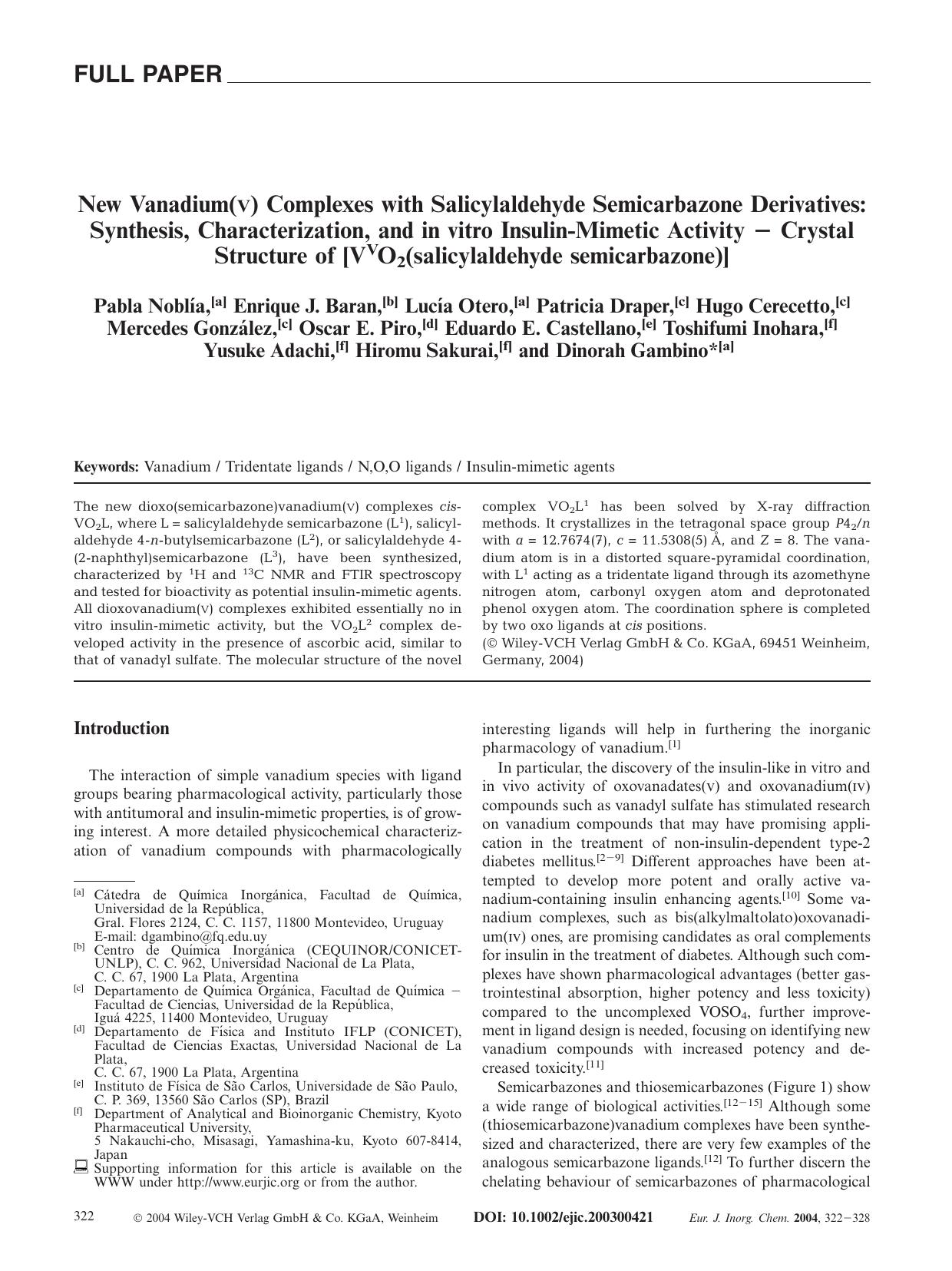 New Vanadium(V) Complexes with Salicylaldehyde Semicarbazone Derivatives: Synthesis, Characterization, and in vitro Insulin-Mimetic Activity - Crystal Structure of [VvO2(salicylald by Unknown