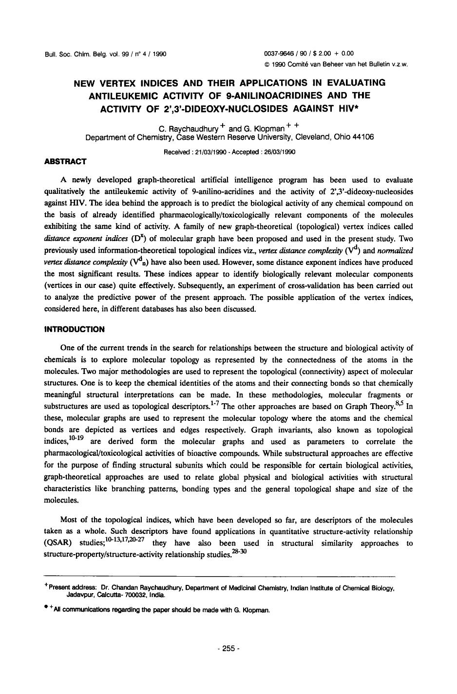 New Vertex Indices and their Applications in Evaluating Antileukemic Activity of 9Anilinoacridines and the Activity of 2,3DideoxyNuclosides Against HIV by Unknown