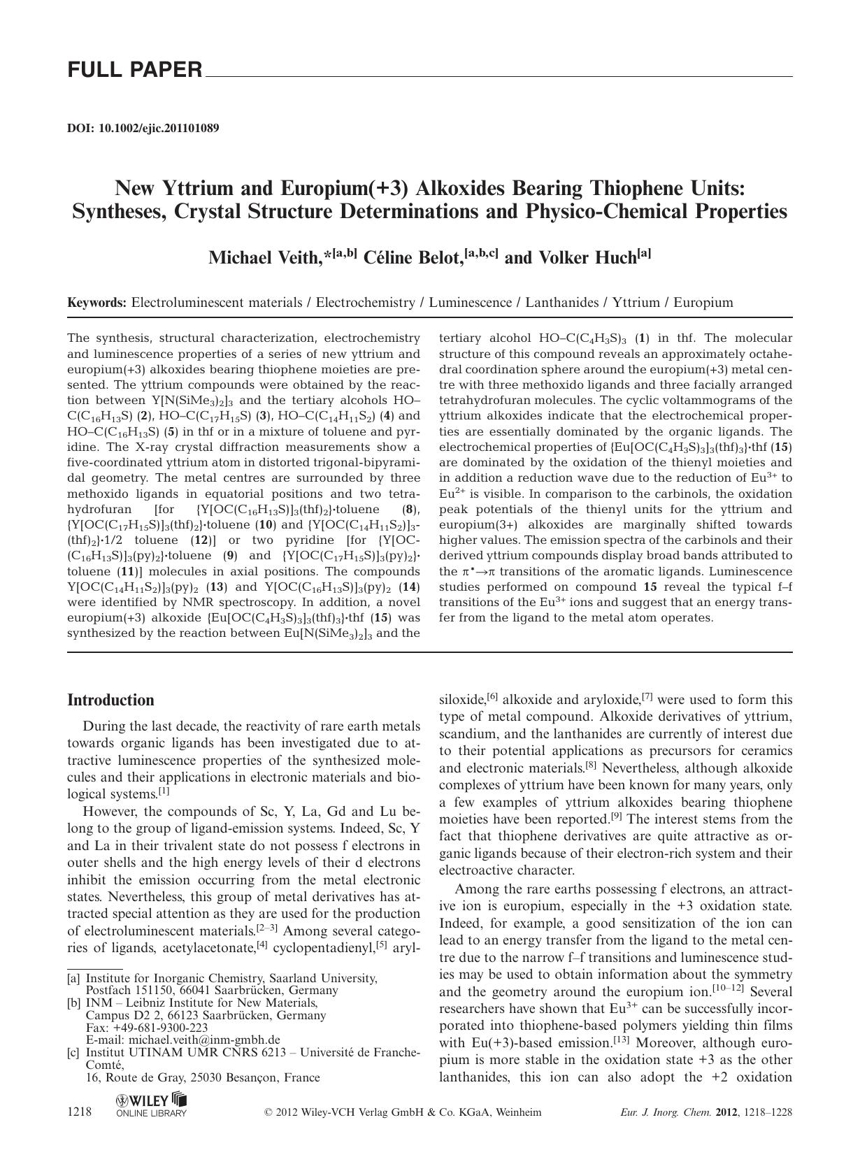 New Yttrium and Europium(+3) Alkoxides Bearing Thiophene Units: Syntheses, Crystal Structure Determinations and PhysicoChemical Properties by Unknown