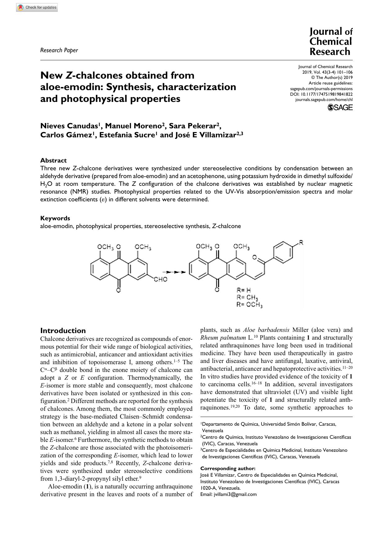 New Z-chalcones obtained from aloe-emodin: Synthesis, characterization and photophysical properties by Nieves Canudas Manuel Moreno Sara Pekerar Carlos Gámez Estefania Sucre & José E Villamizar