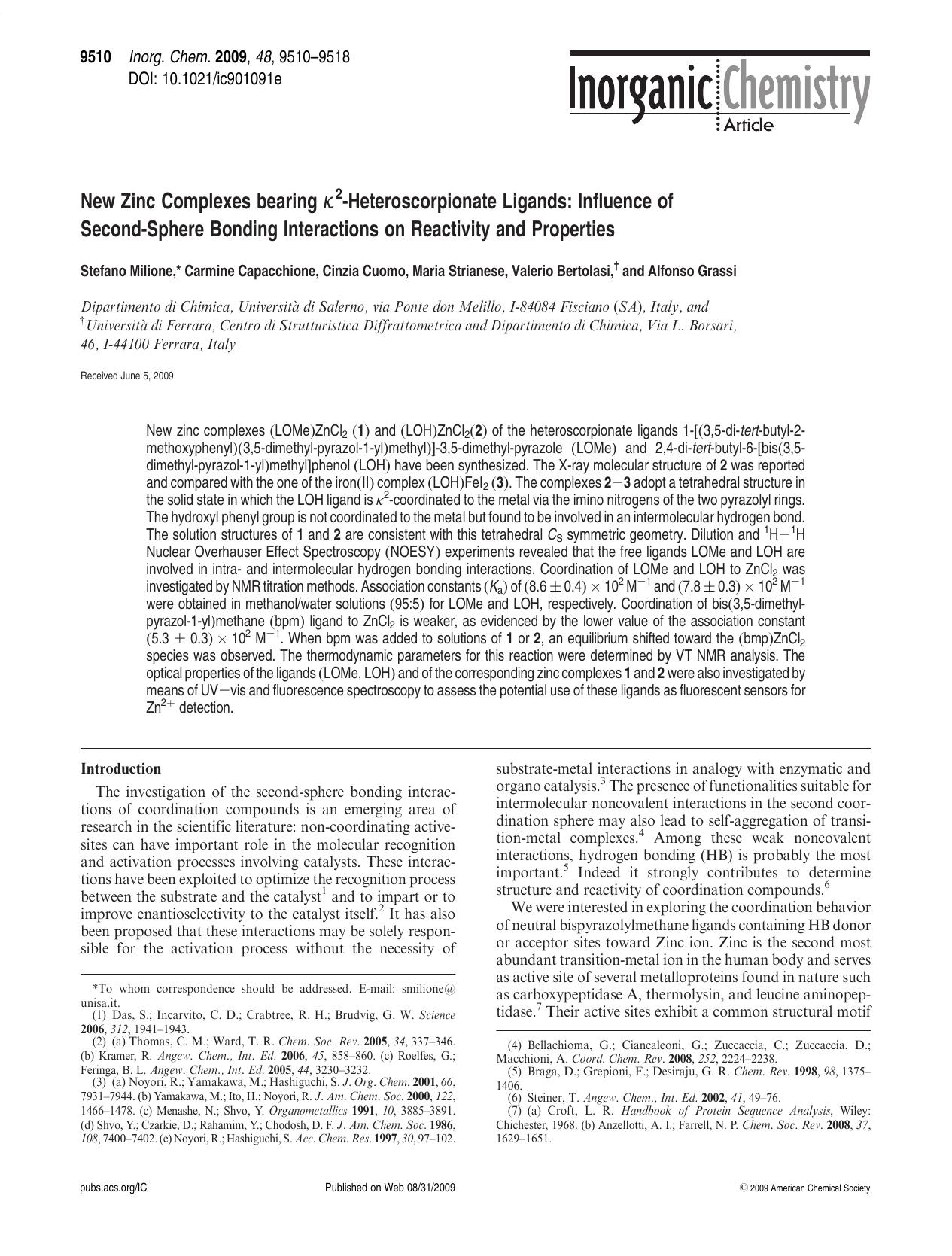 New Zinc Complexes bearing Îº2-Heteroscorpionate Ligands: Influence of Second-Sphere Bonding Interactions on Reactivity and Properties by unknow