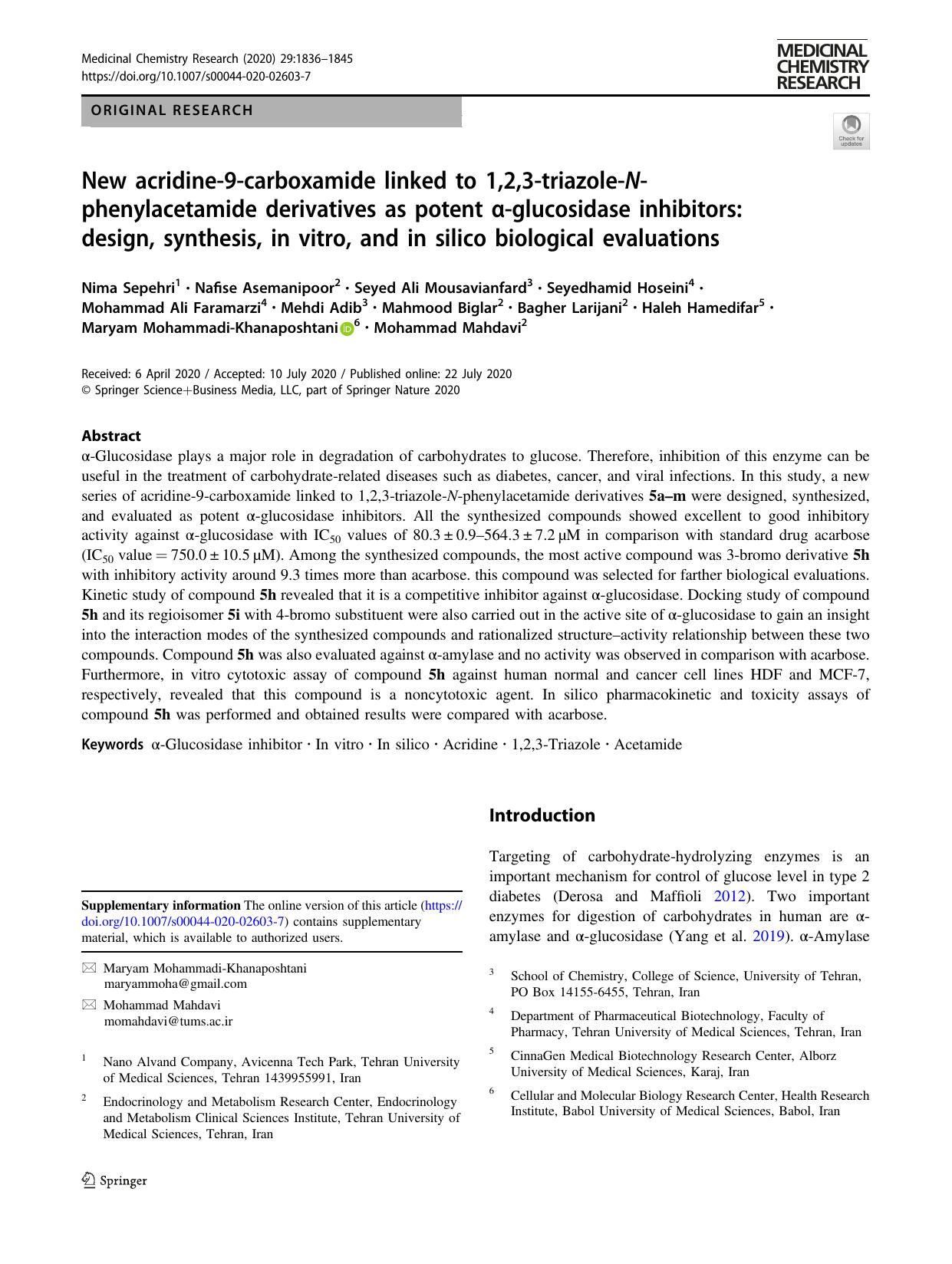 New acridine-9-carboxamide linked to 1,2,3-triazole-N-phenylacetamide derivatives as potent Î±-glucosidase inhibitors: design, synthesis, in vitro, and in silico biological evaluations by unknow