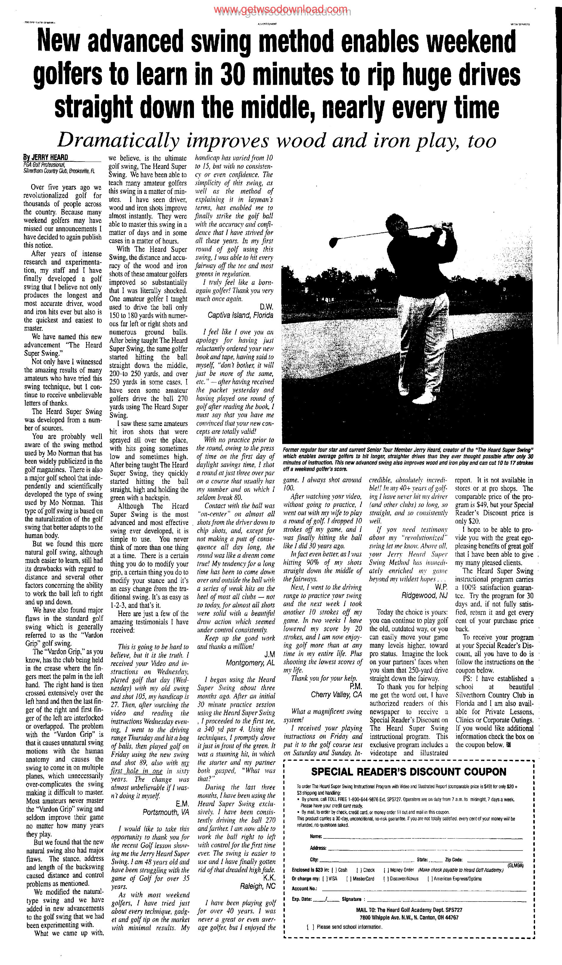 New advanced swing method enables weekend golfers by Copyright 2010 Heritage Microfilm Inc. and Newspaperarchive.com