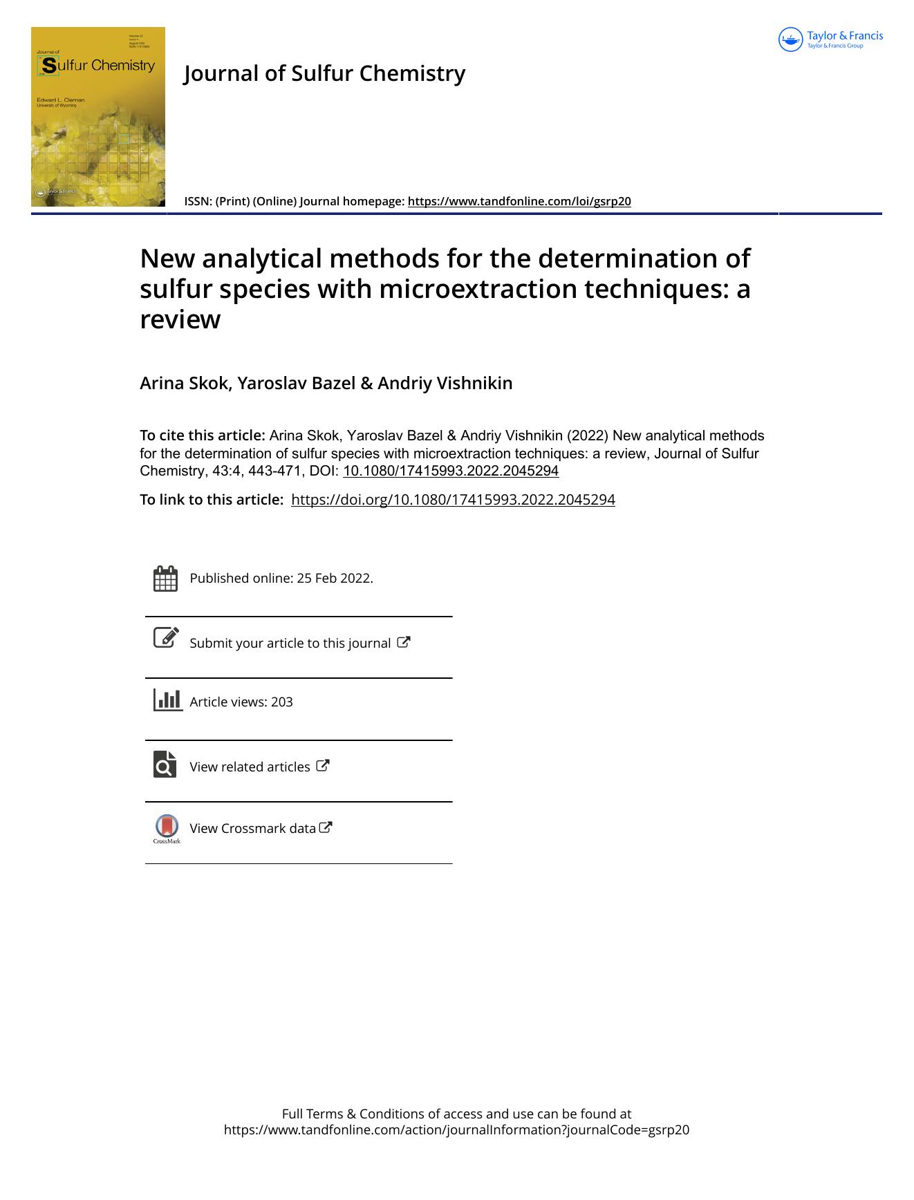New analytical methods for the determination of sulfur species with microextraction techniques: a review by Arina Skok & Yaroslav Bazel & Andriy Vishnikin