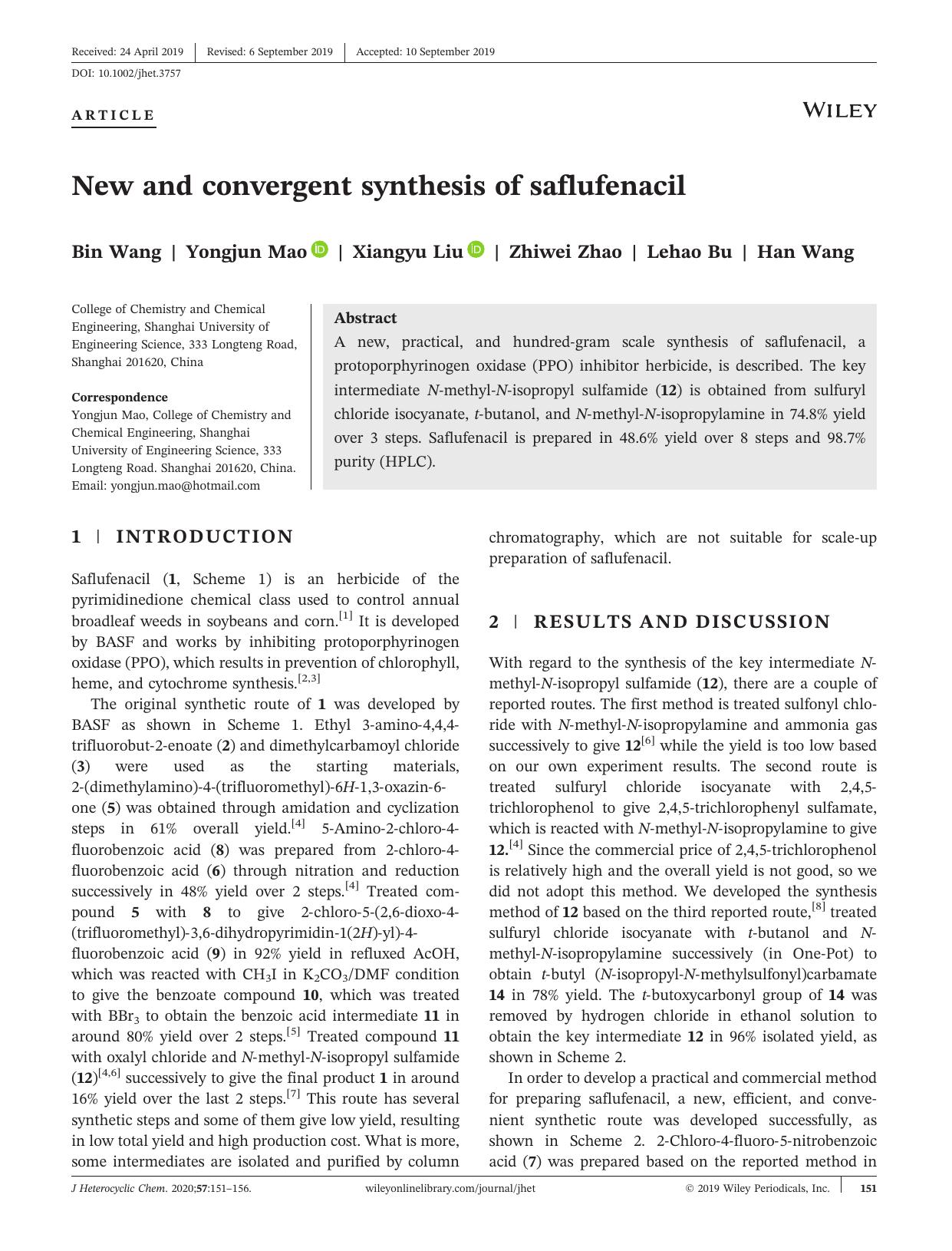 New and convergent synthesis of saflufenacil by Bin Wang Yongjun Mao Xiangyu Liu Zhiwei Zhao Lehao Bu Han Wang
