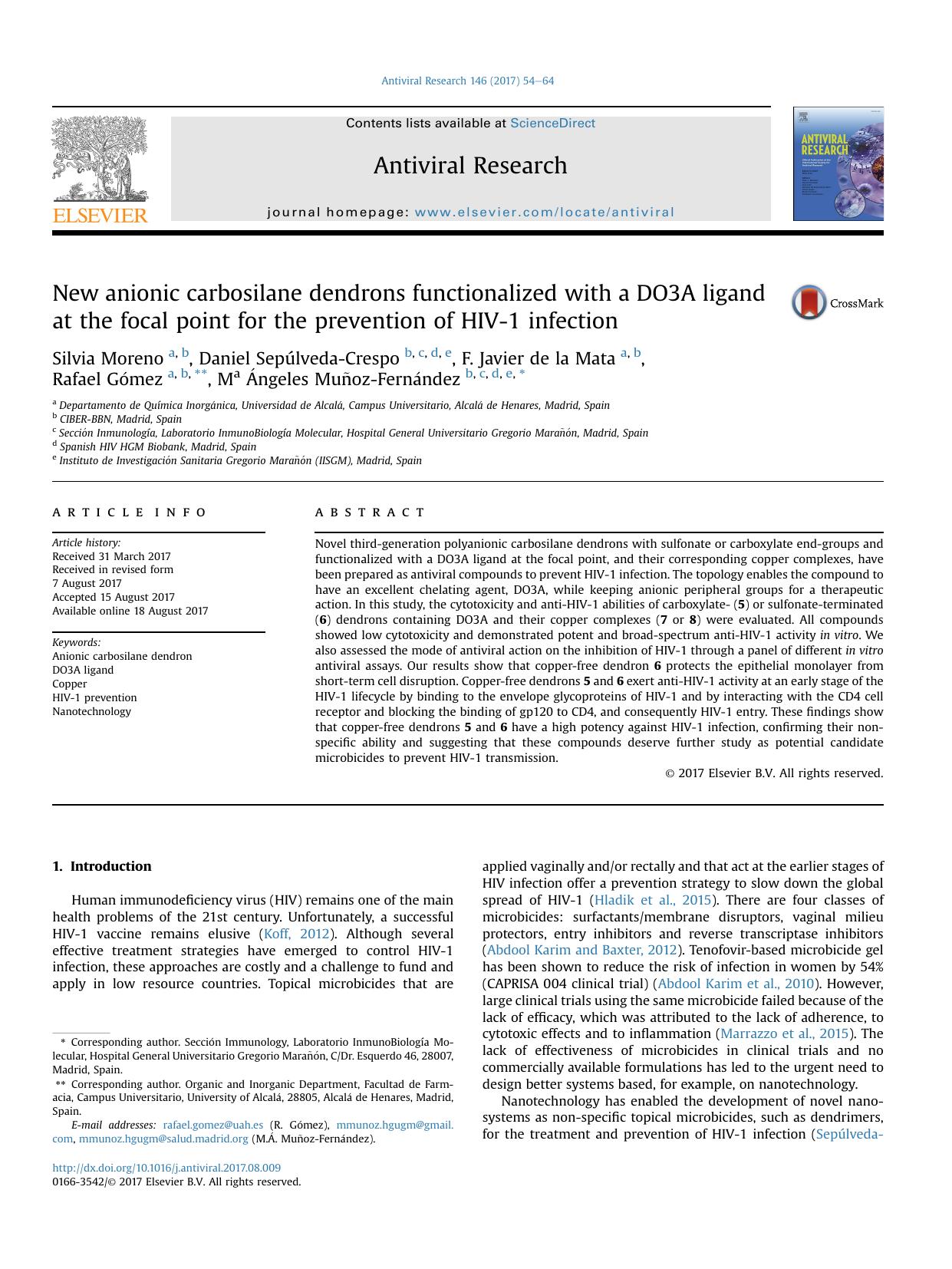 New anionic carbosilane dendrons functionalized with a DO3A ligand at the focal point for the prevention of HIV-1 infection by unknow