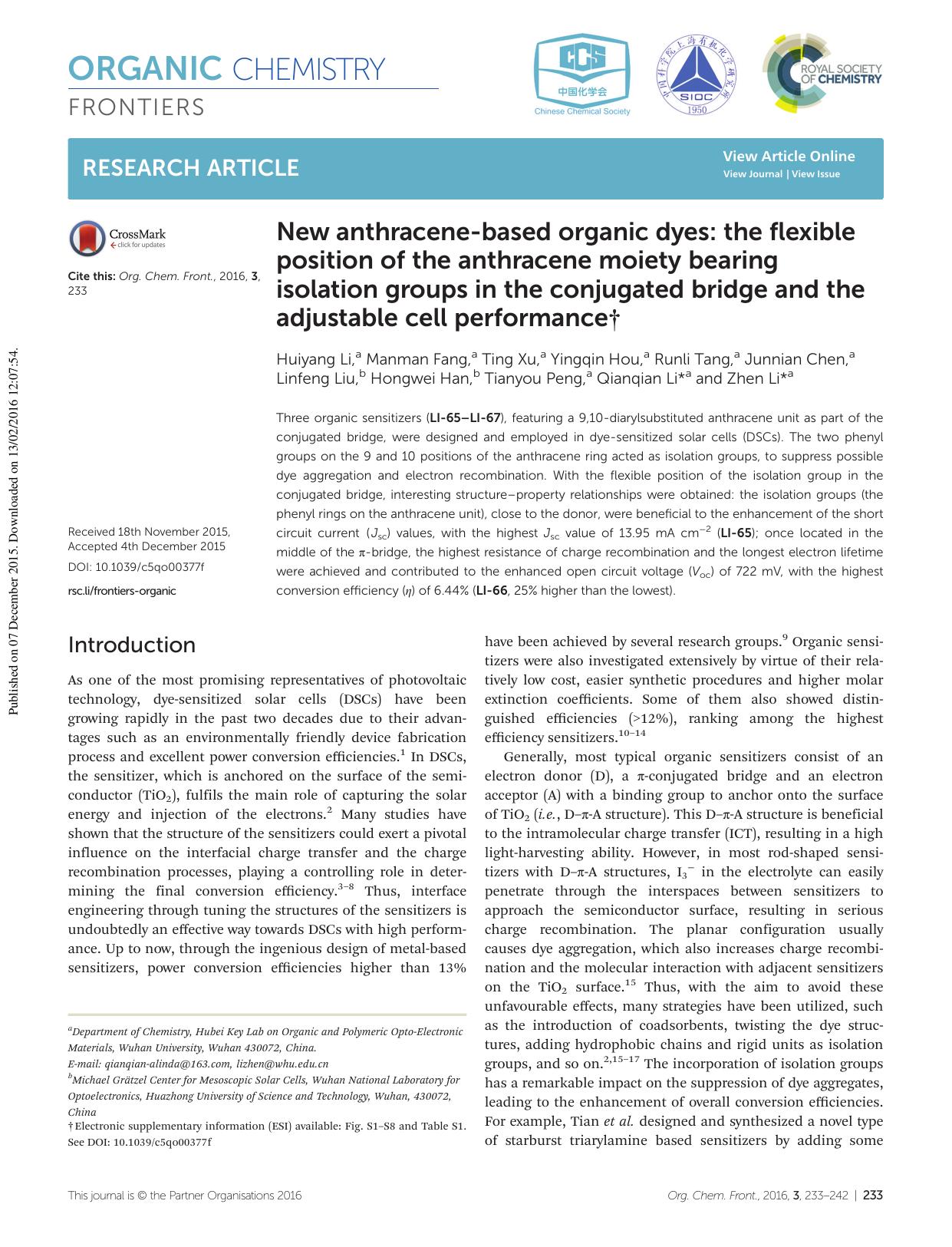 New anthracene-based organic dyes: the flexible position of the anthracene moiety bearing isolation groups in the conjugated bridge and the adjustable cell performance by unknow