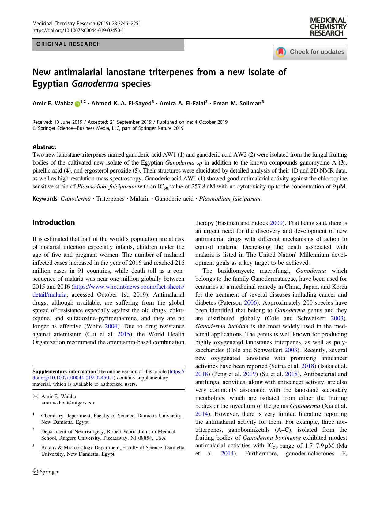 New antimalarial lanostane triterpenes from a new isolate of Egyptian Ganoderma species by Amir E. Wahba & Ahmed K. A. El-Sayed & Amira A. El-Falal & Eman M. Soliman
